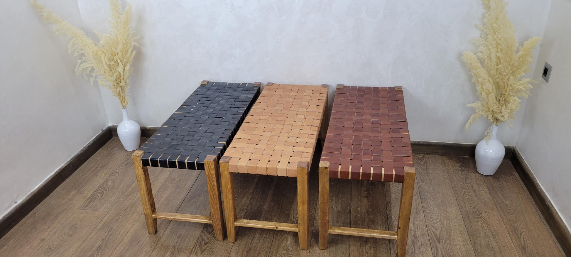 Woven Leather Bench — top view showing weave pattern