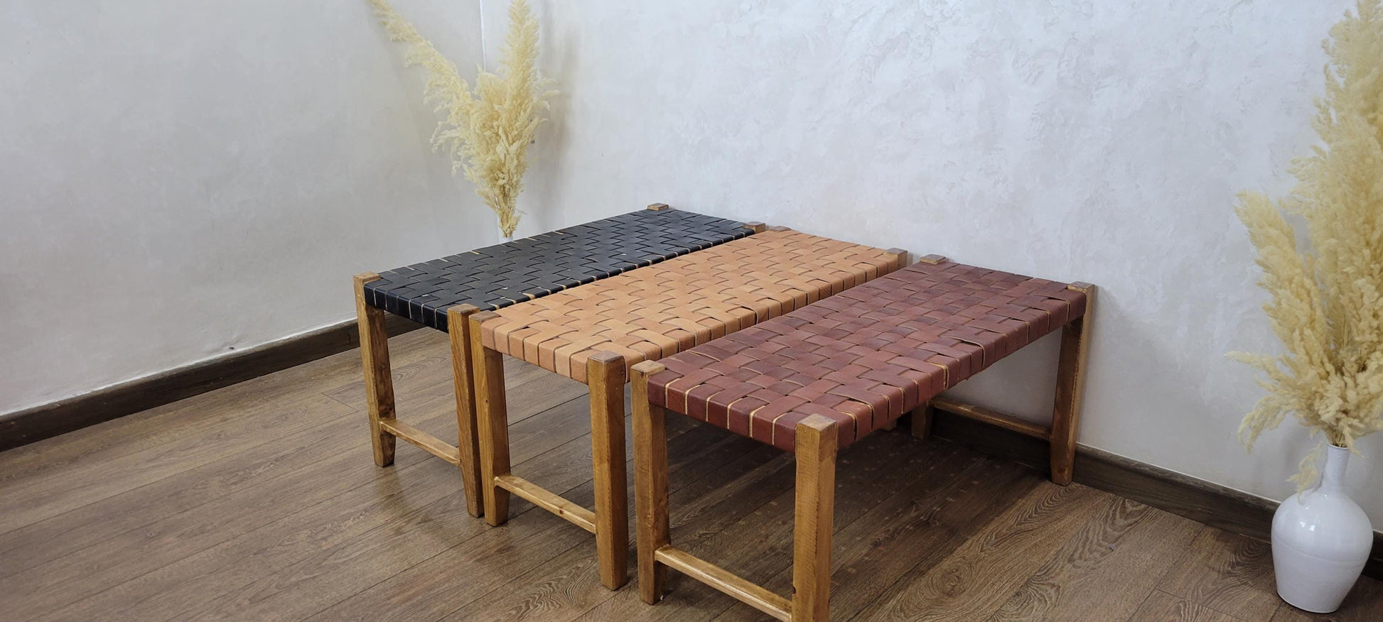 Woven Leather Bench — paired with neutral home decor