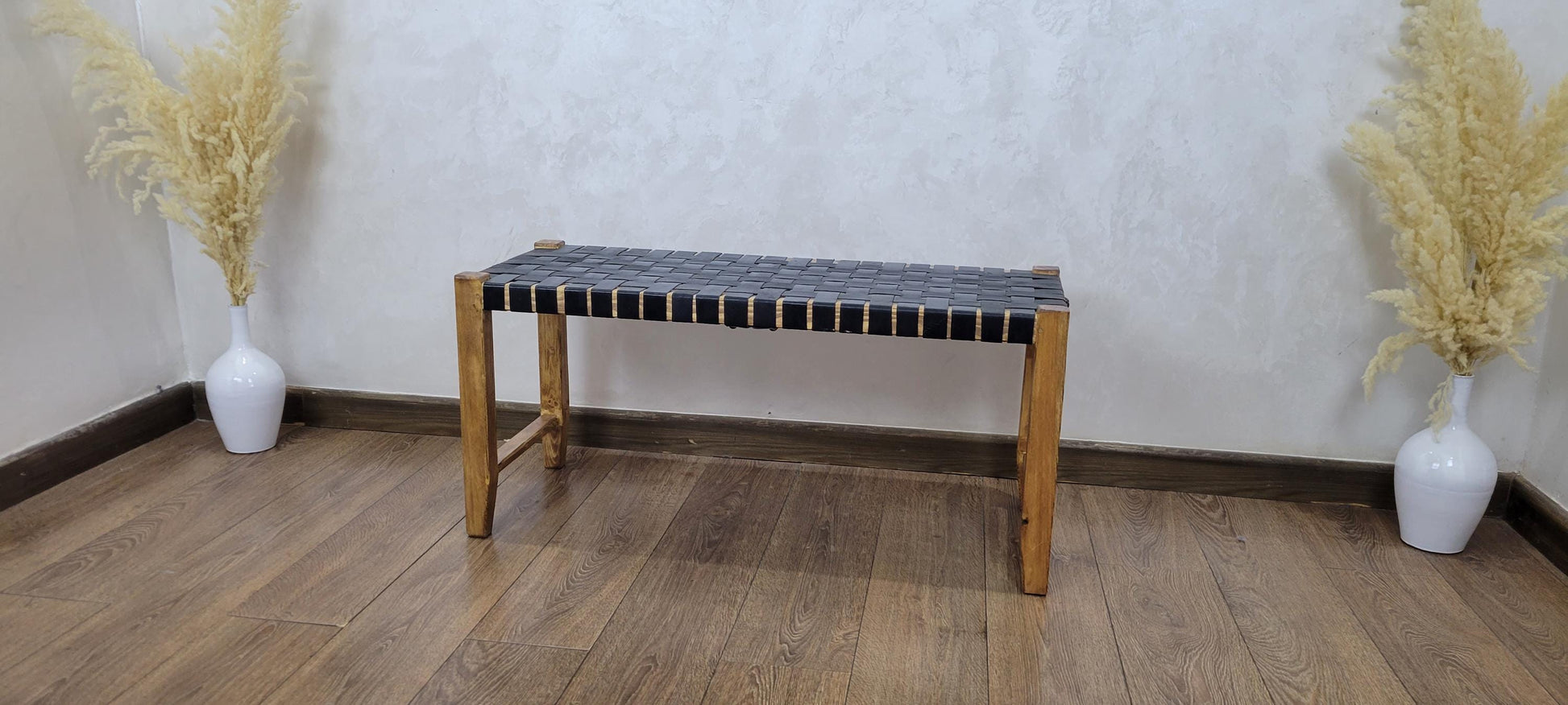 Woven Leather Bench — styled in a modern boho living room