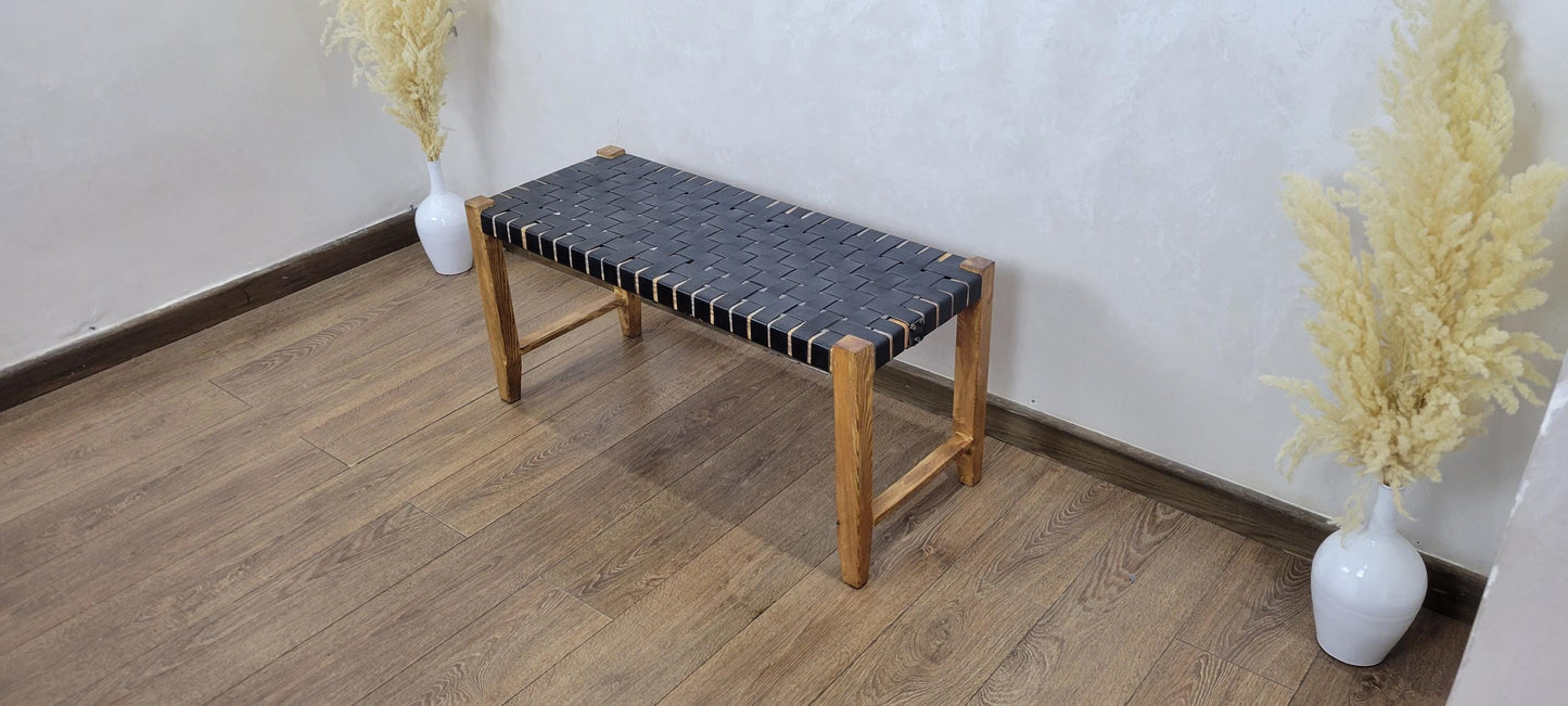 Woven Leather Bench — color variation in natural light