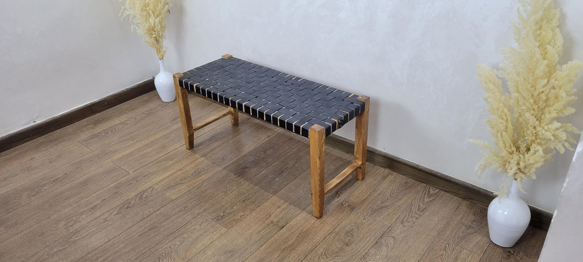 Woven Leather Bench — color variation in natural light