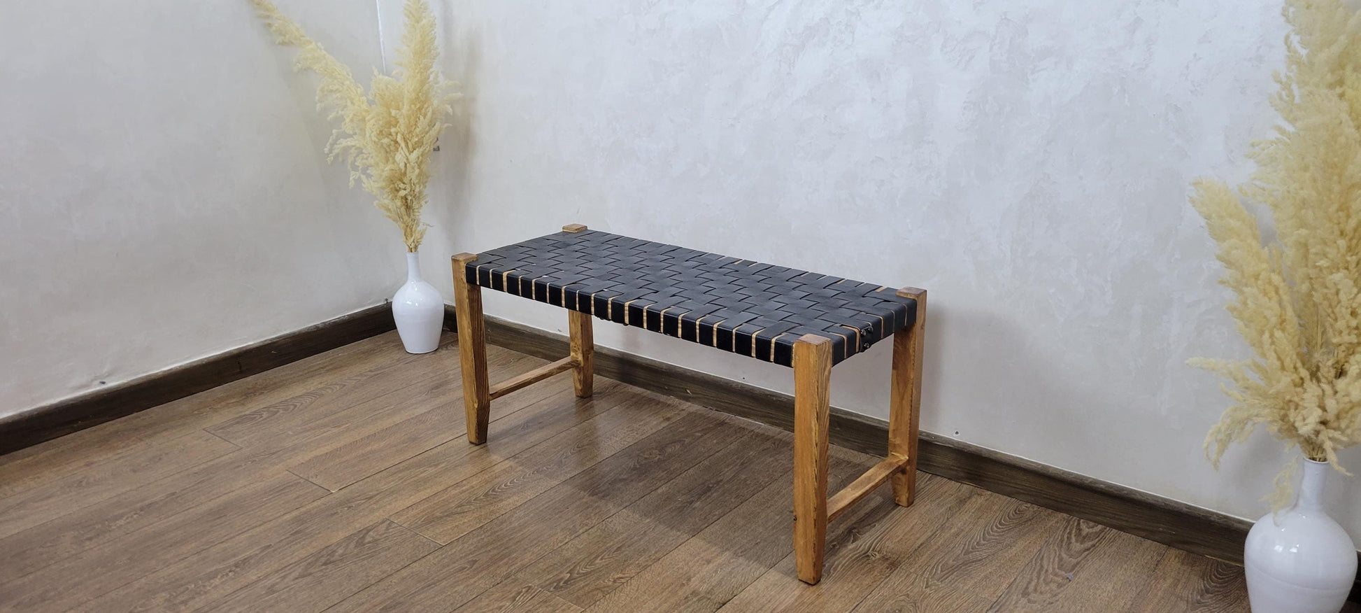 Rustic Leather Woven Bench — Modern Farmhouse Seating