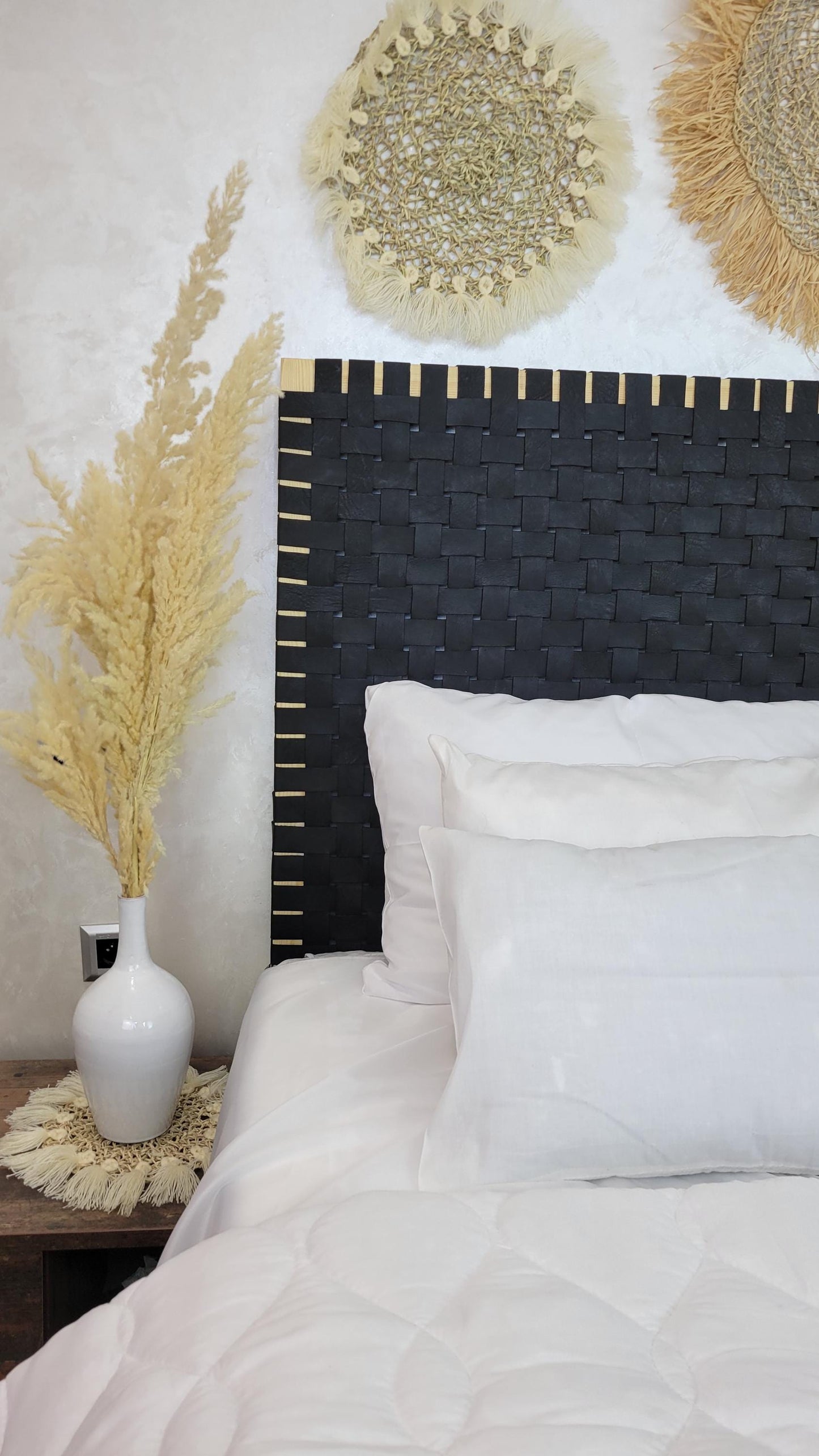 Woven Leather Headboard — paired with neutral home decor