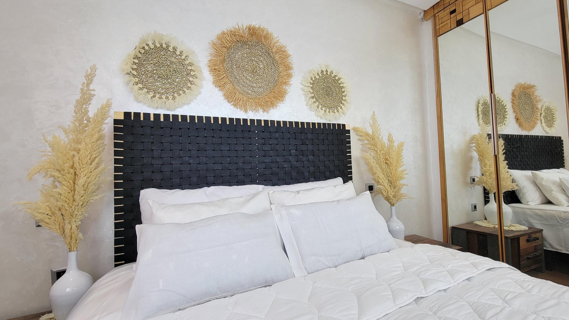 Woven Leather Headboard — accent piece in bohemian interior
