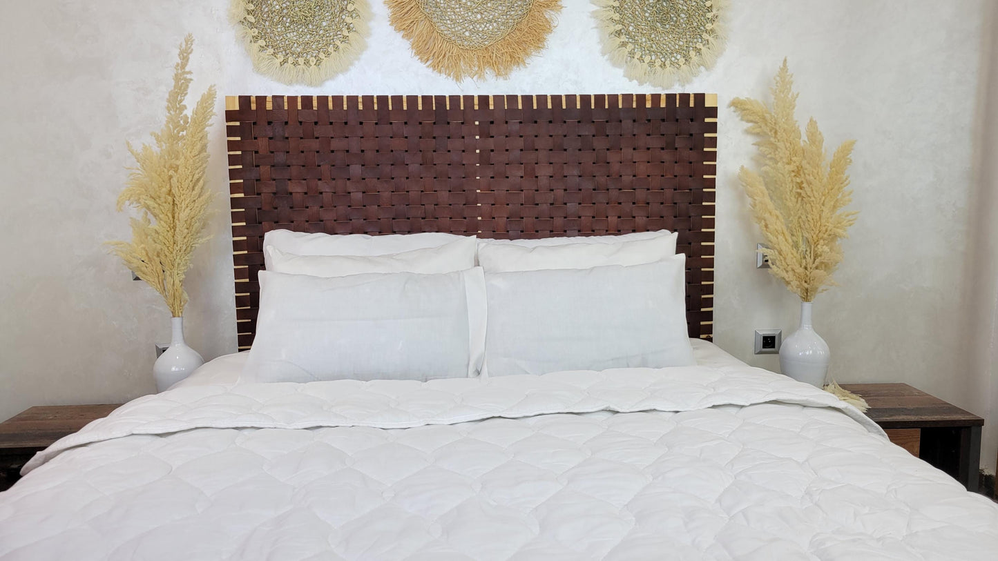 Woven Leather Headboard — color variation in natural light