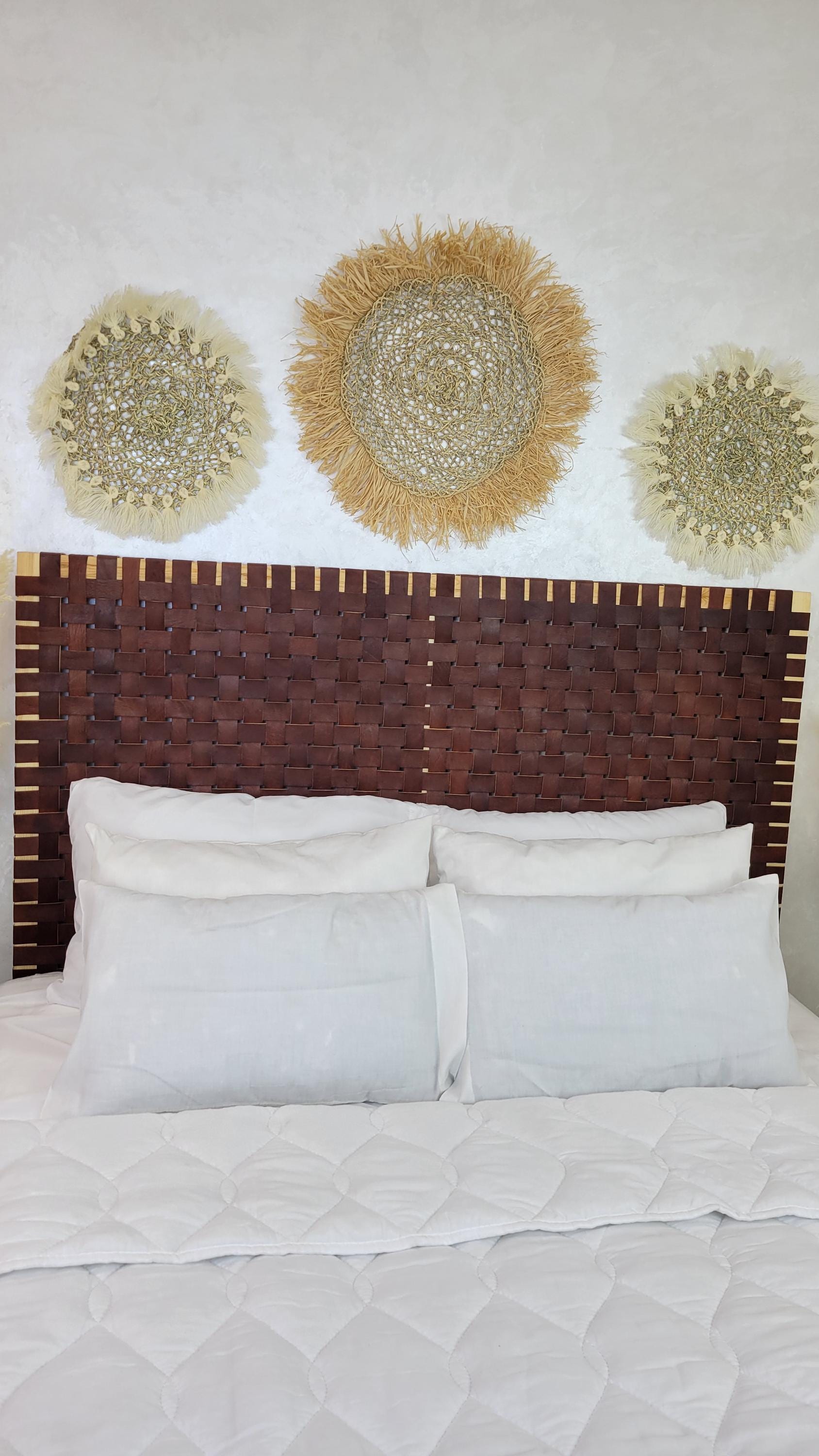 Woven Leather Headboard — side view of artisan stitching