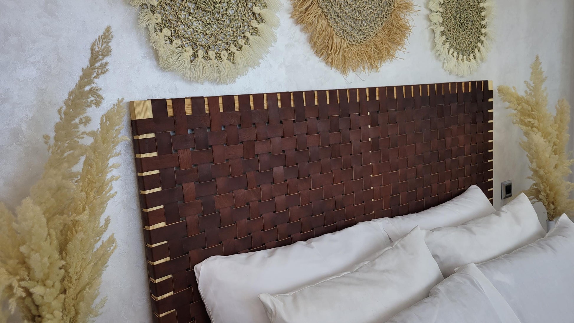 Woven Leather Headboard — accent piece in bohemian interior