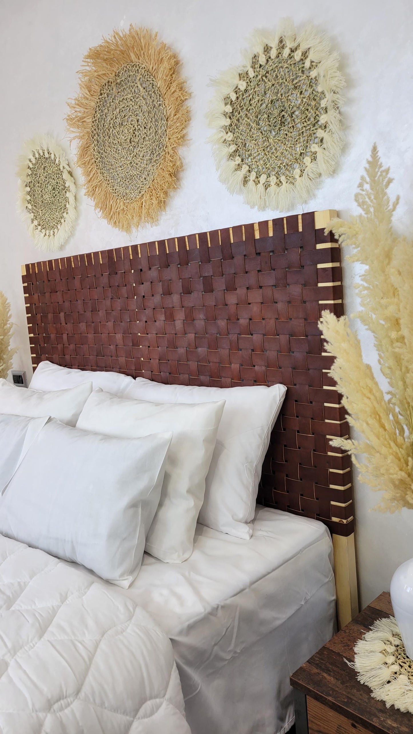 Woven Leather Headboard — styled in a modern boho living room