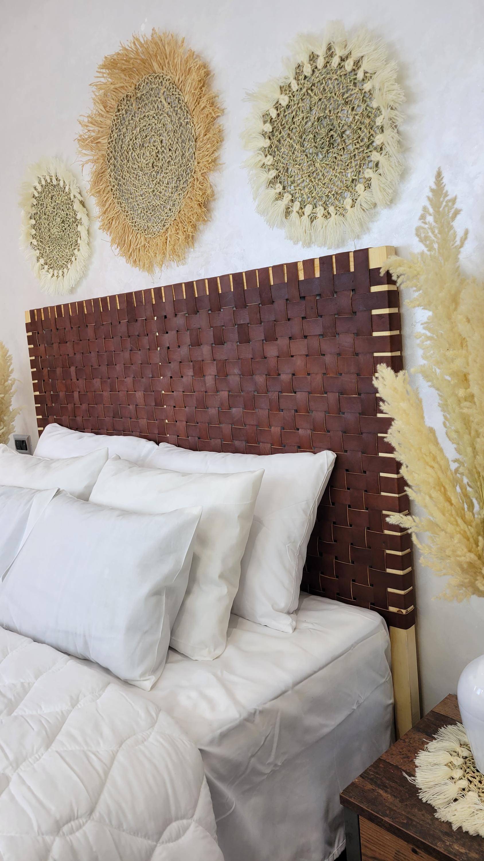 Woven Leather Headboard — styled in a modern boho living room