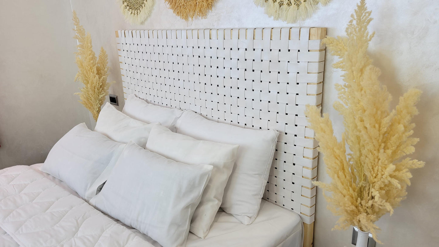 Woven Leather Headboard — side view of artisan stitching