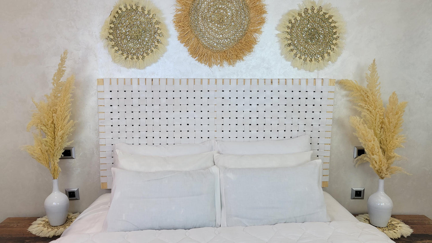 Woven Leather Headboard — color variation in natural light