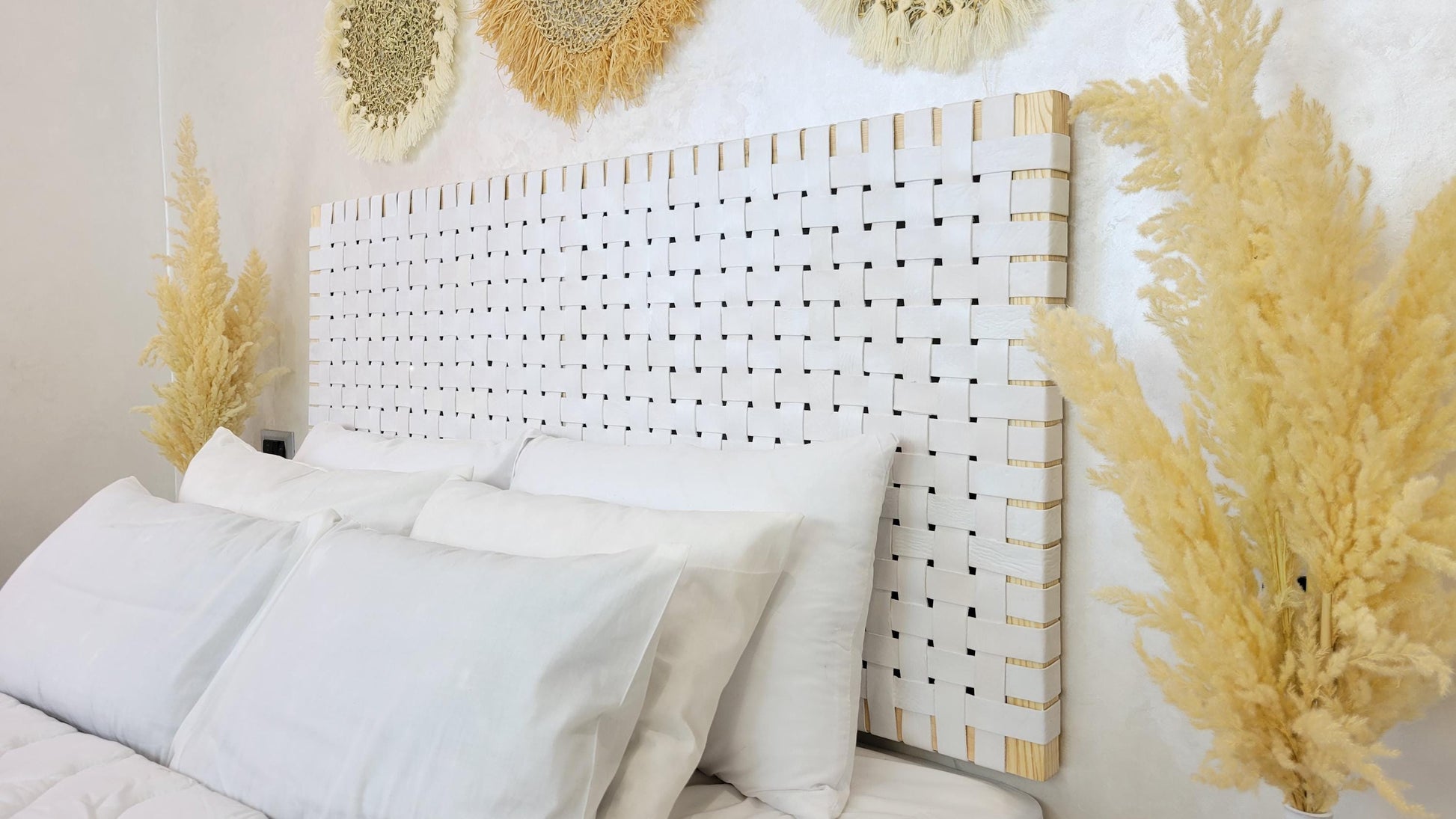 Woven Leather Headboard — side view of artisan stitching