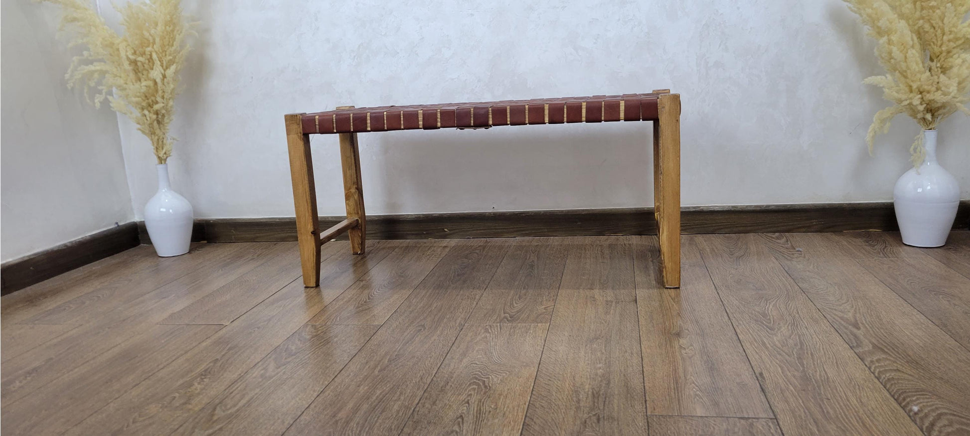 Woven Leather Bench — lifestyle scene in a US home