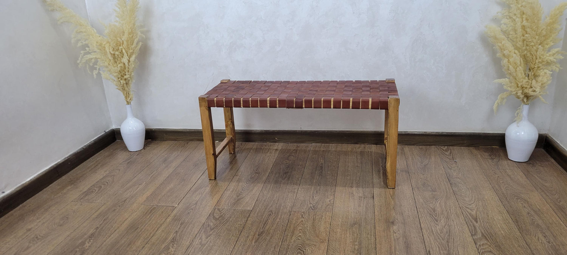 Woven Leather Bench — top view showing weave pattern