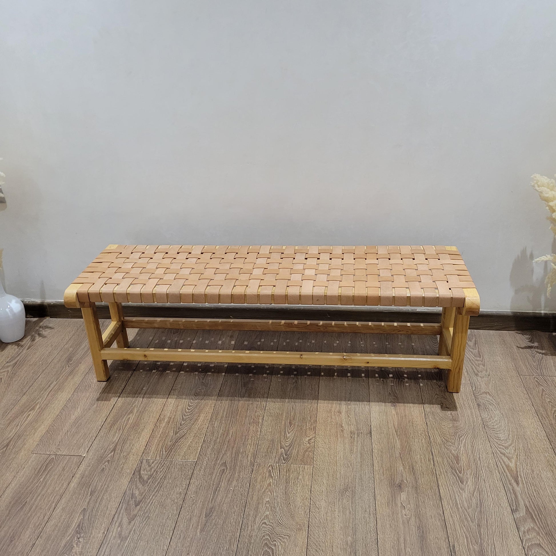 Woven Leather Bench — alternate angle showing scale