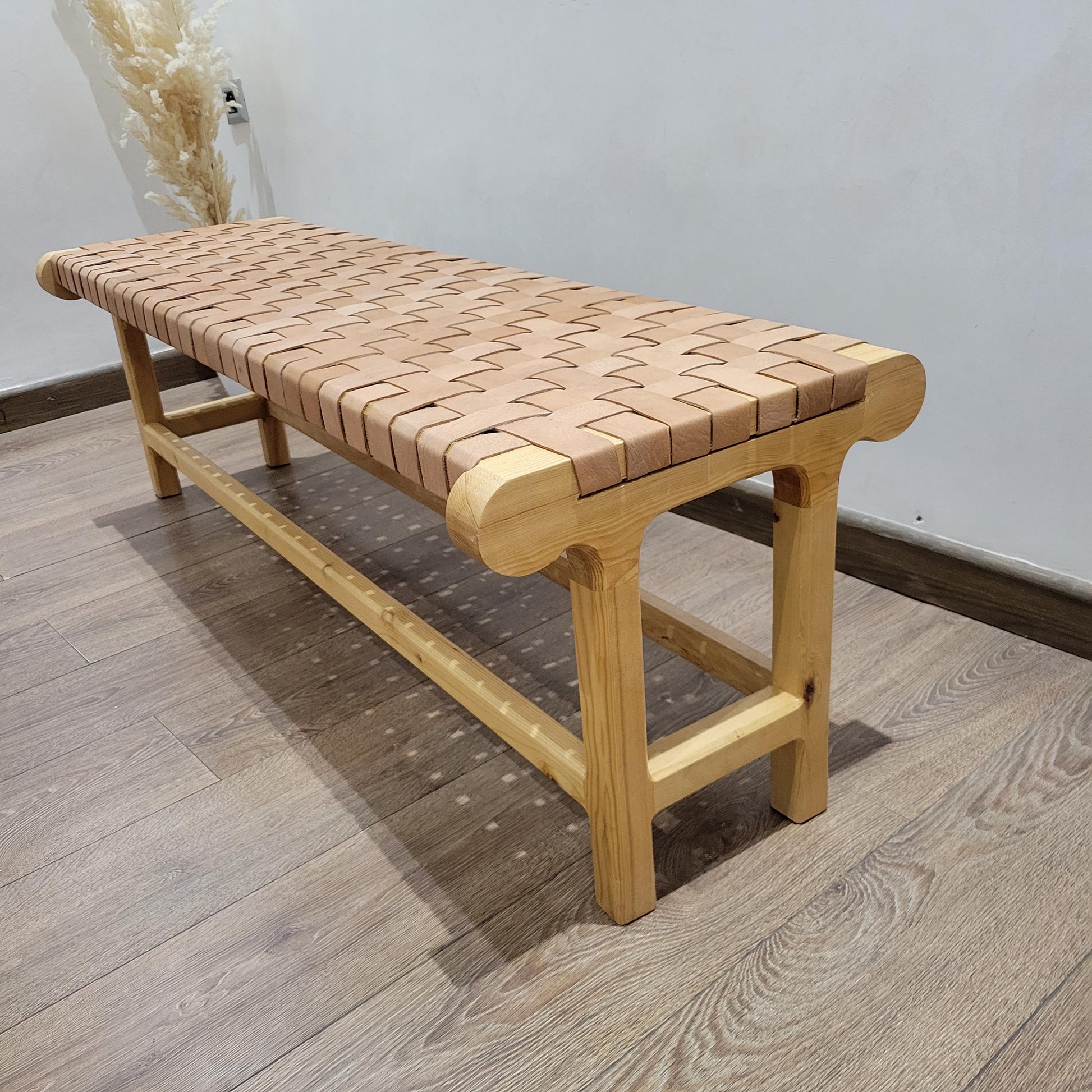 Woven Leather Bench — top view showing weave pattern