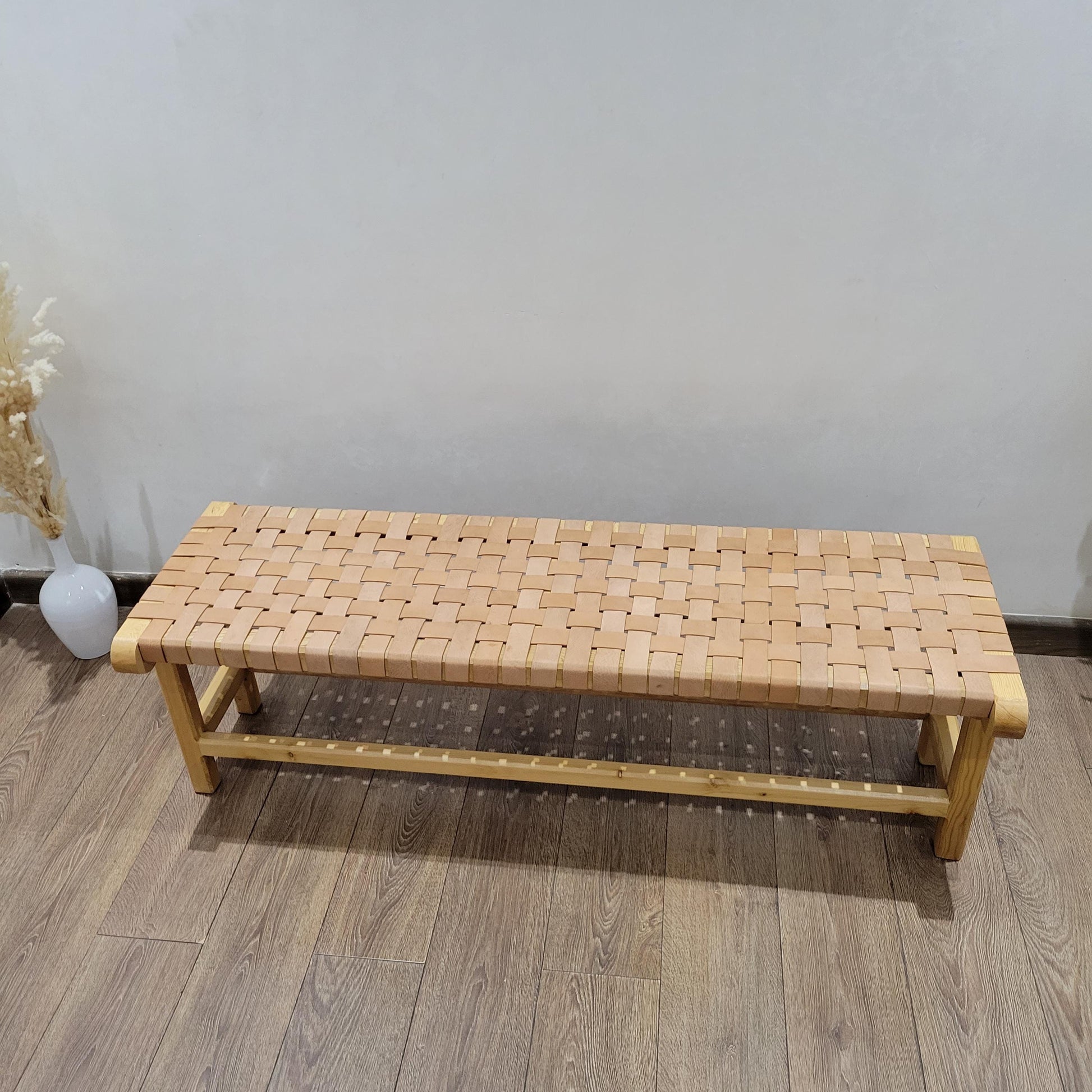 Woven Leather Bench — three-quarter angle