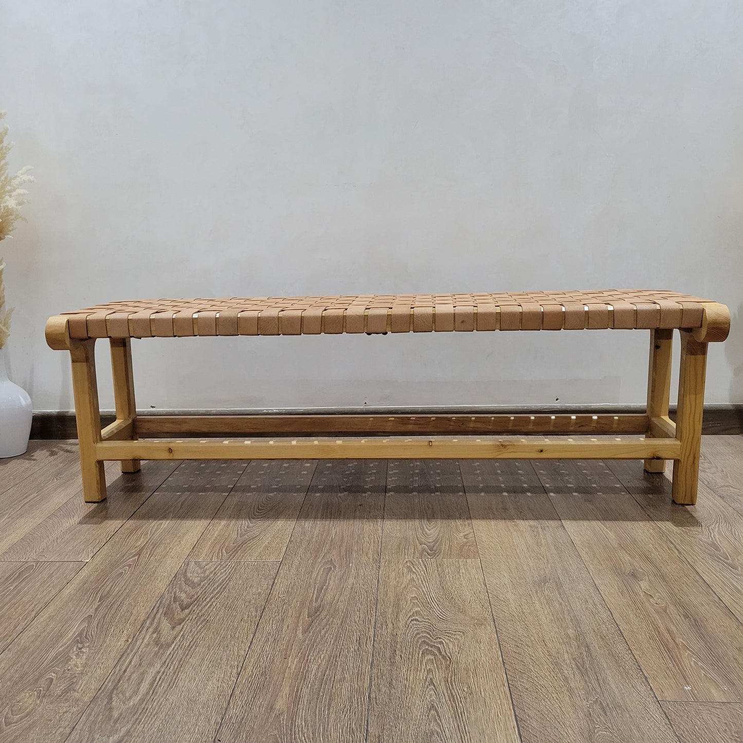 Woven Leather Bench — lifestyle scene in a US home