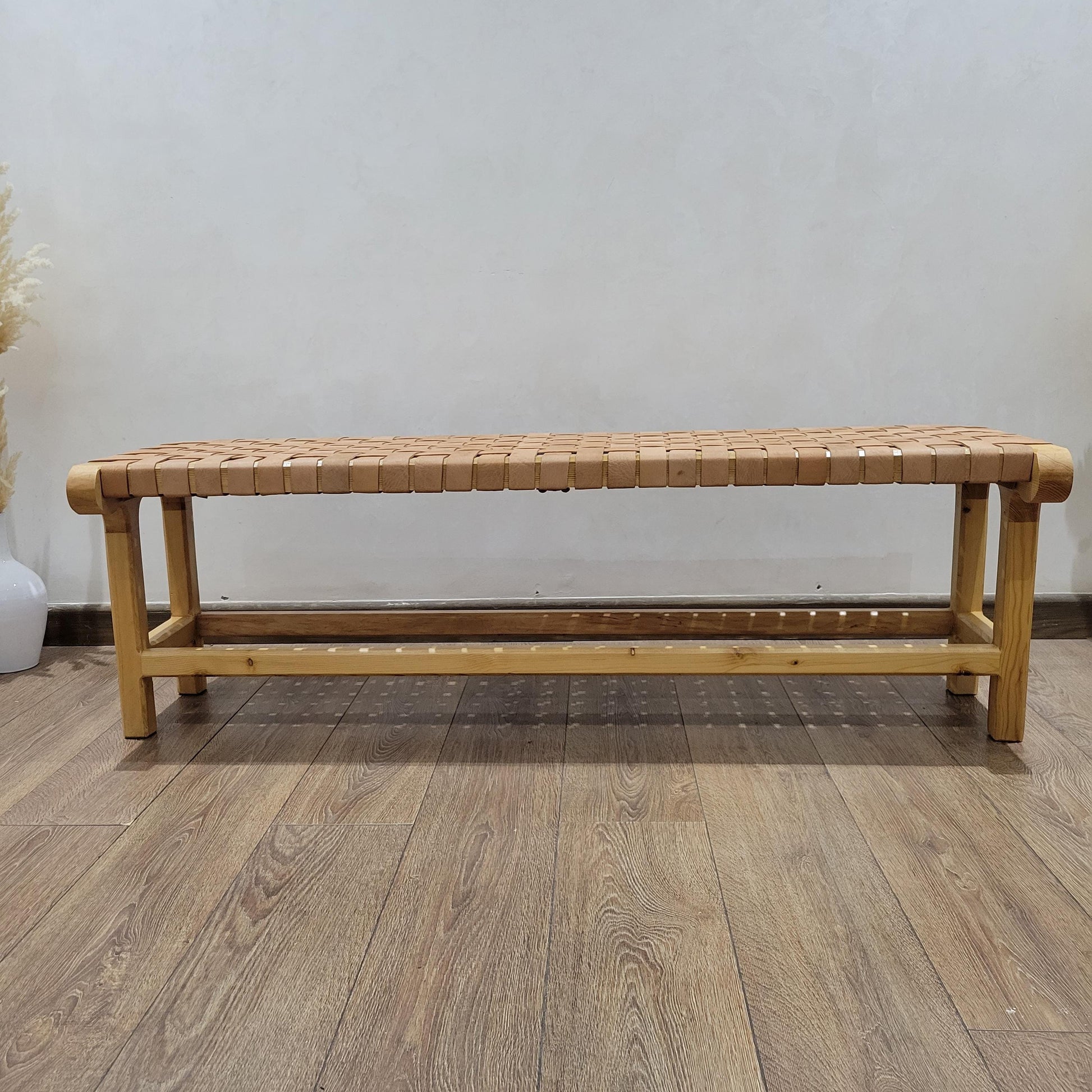 Woven Leather Bench — lifestyle scene in a US home