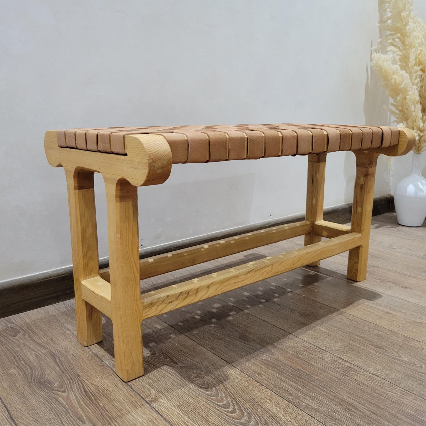 Woven Leather Bench — alternate angle showing scale
