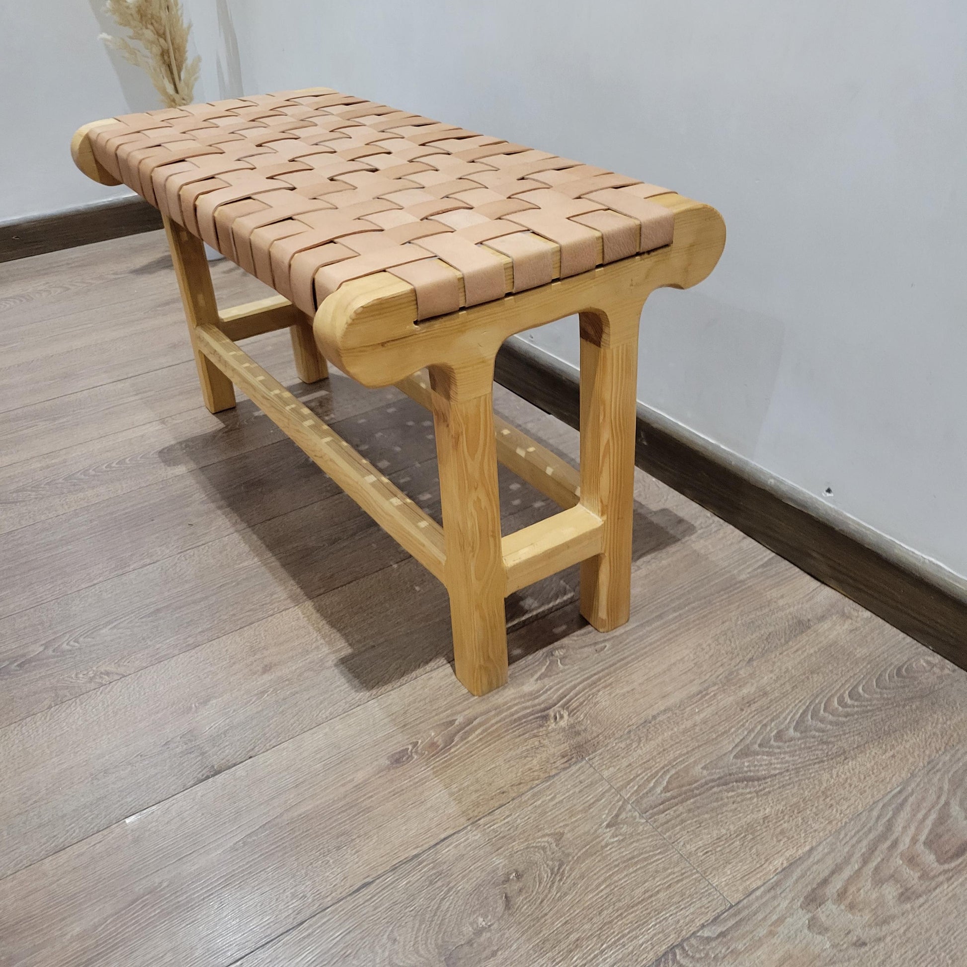 Woven Leather Bench — top view showing weave pattern