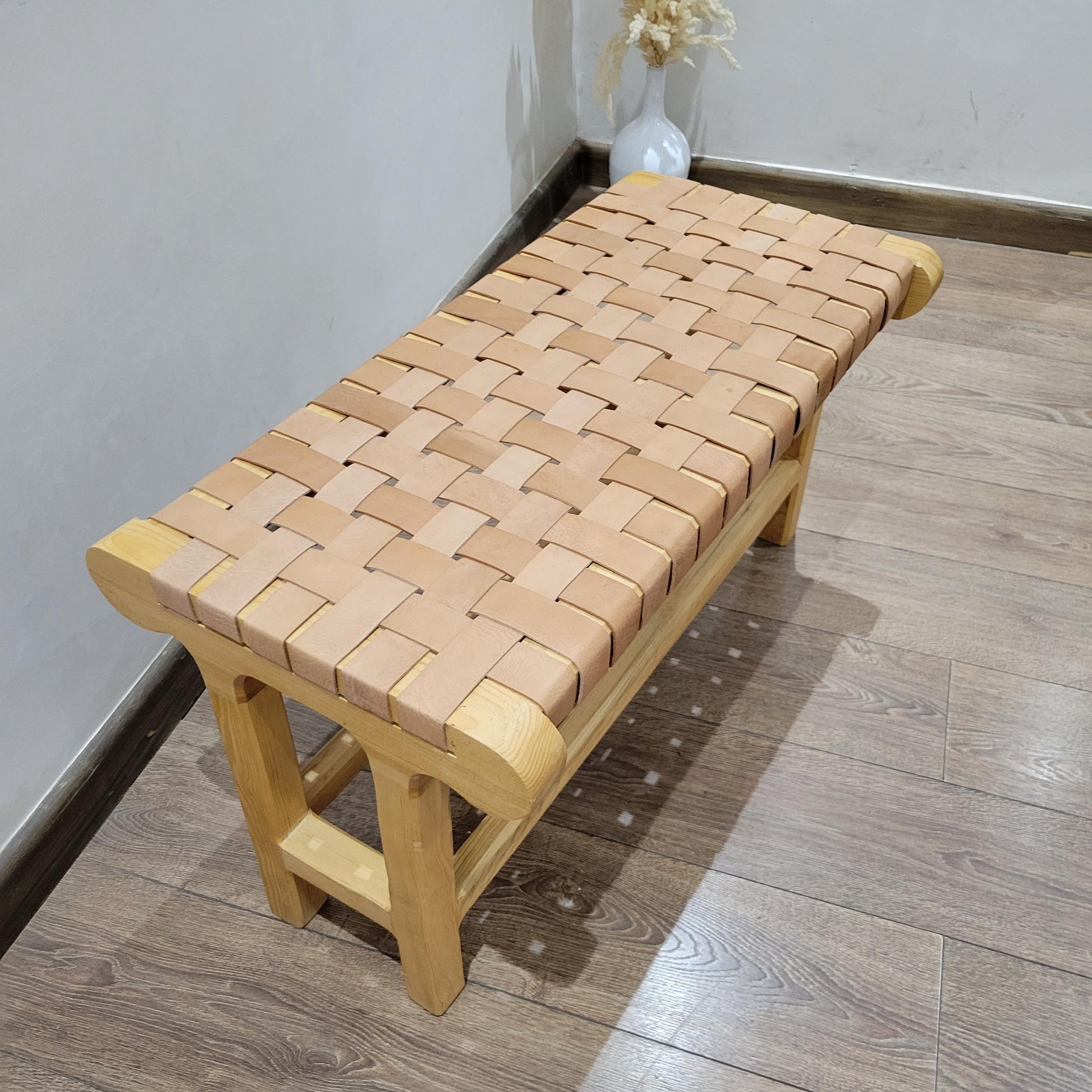 Rustic Modern Leather Bench — Handcrafted Wooden Seat