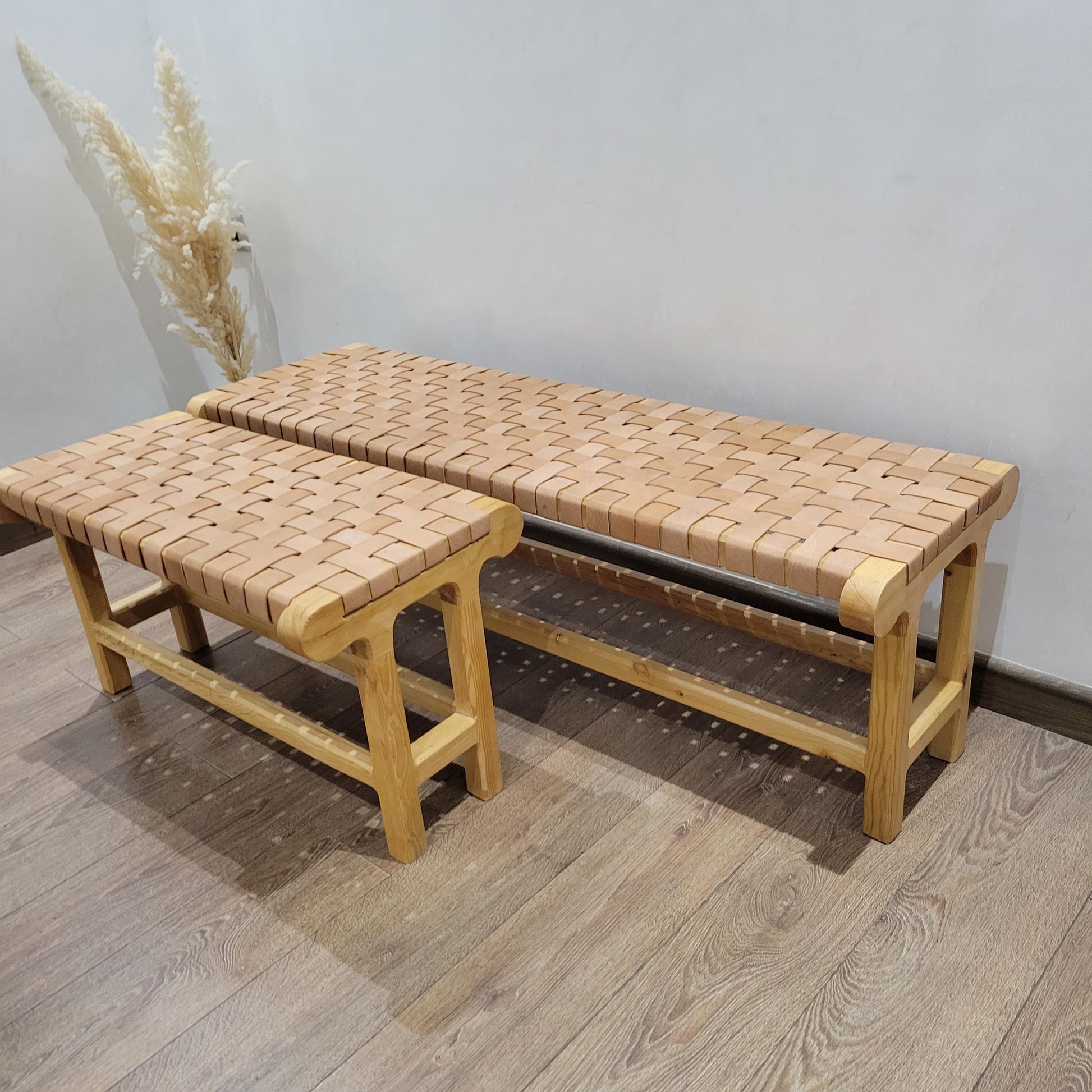 Woven Leather Bench — lifestyle scene in a US home