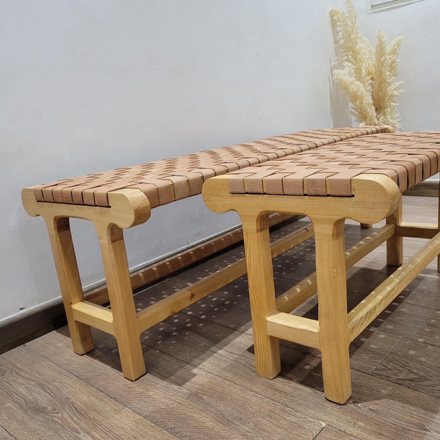 Woven Leather Bench — styled in a modern boho living room