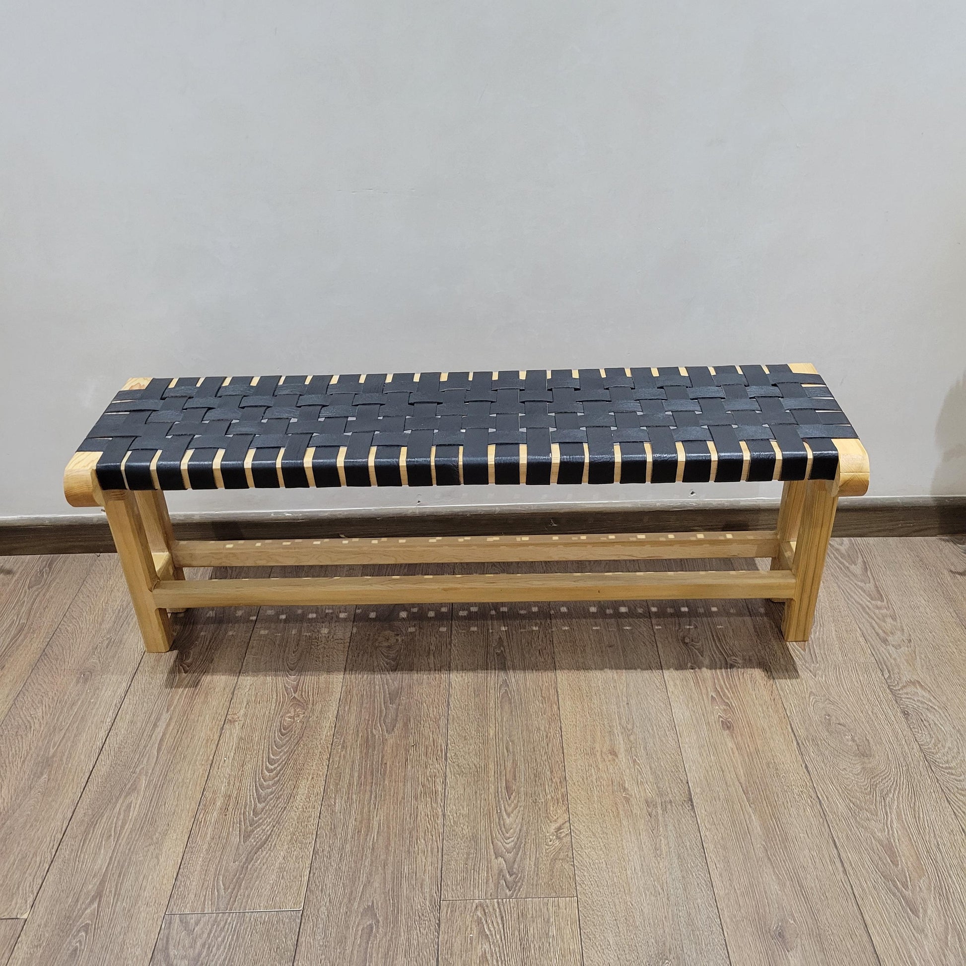 Woven Leather Bench — alternate angle showing scale
