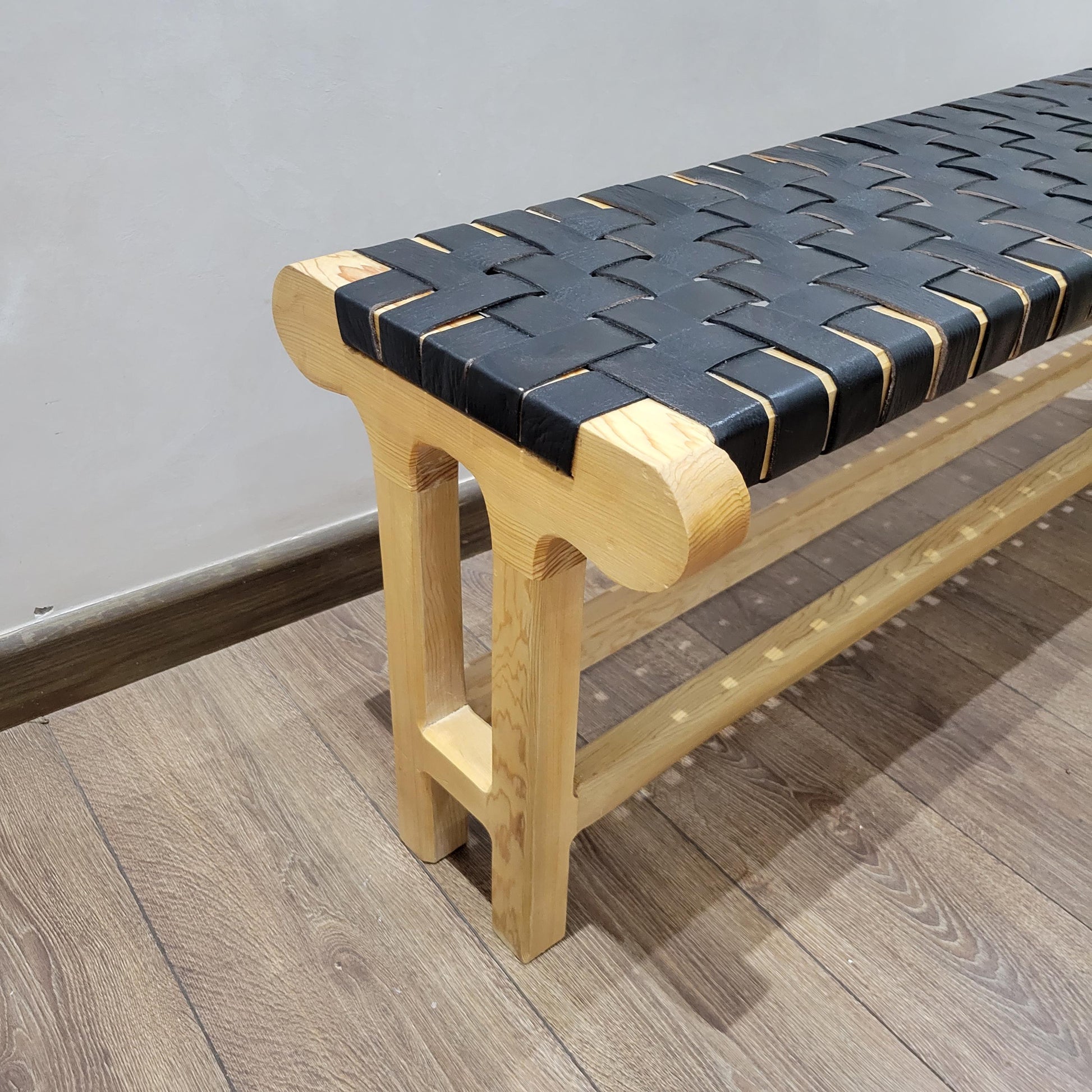 Woven Leather Bench — color variation in natural light