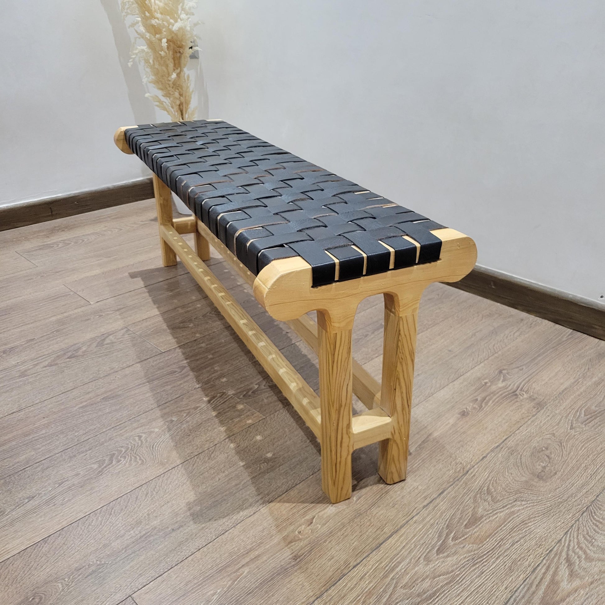 Woven Leather Bench — back view of leather construction