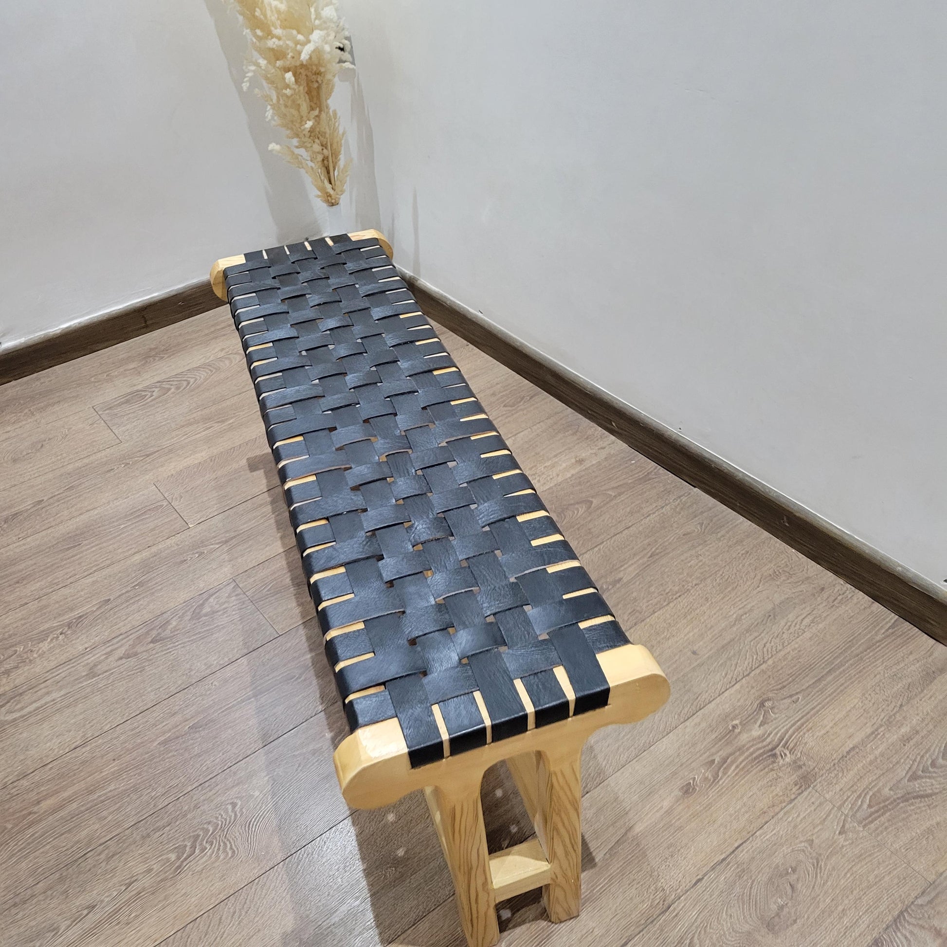 Woven Leather Bench — three-quarter angle