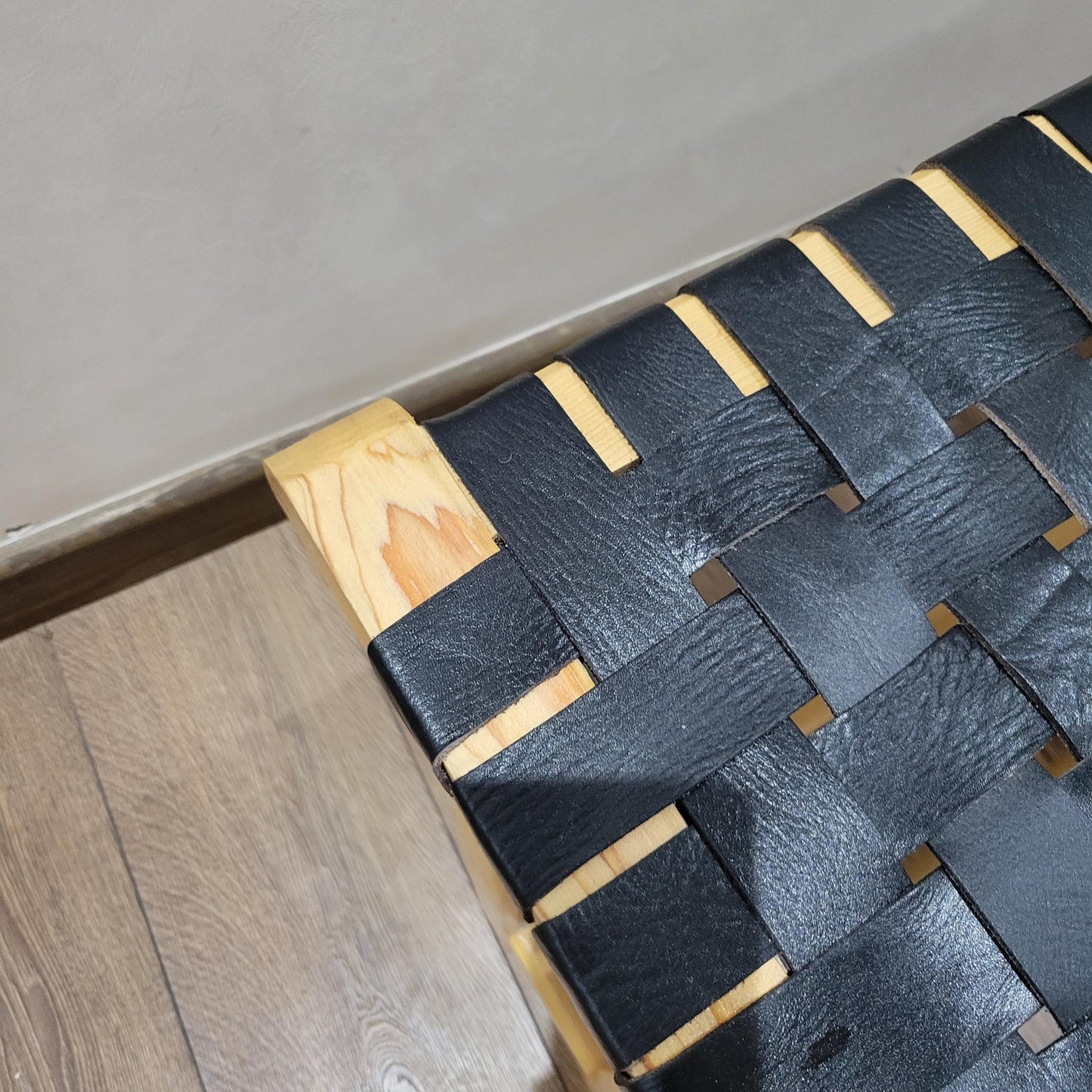 Woven Leather Bench — lifestyle scene in a US home