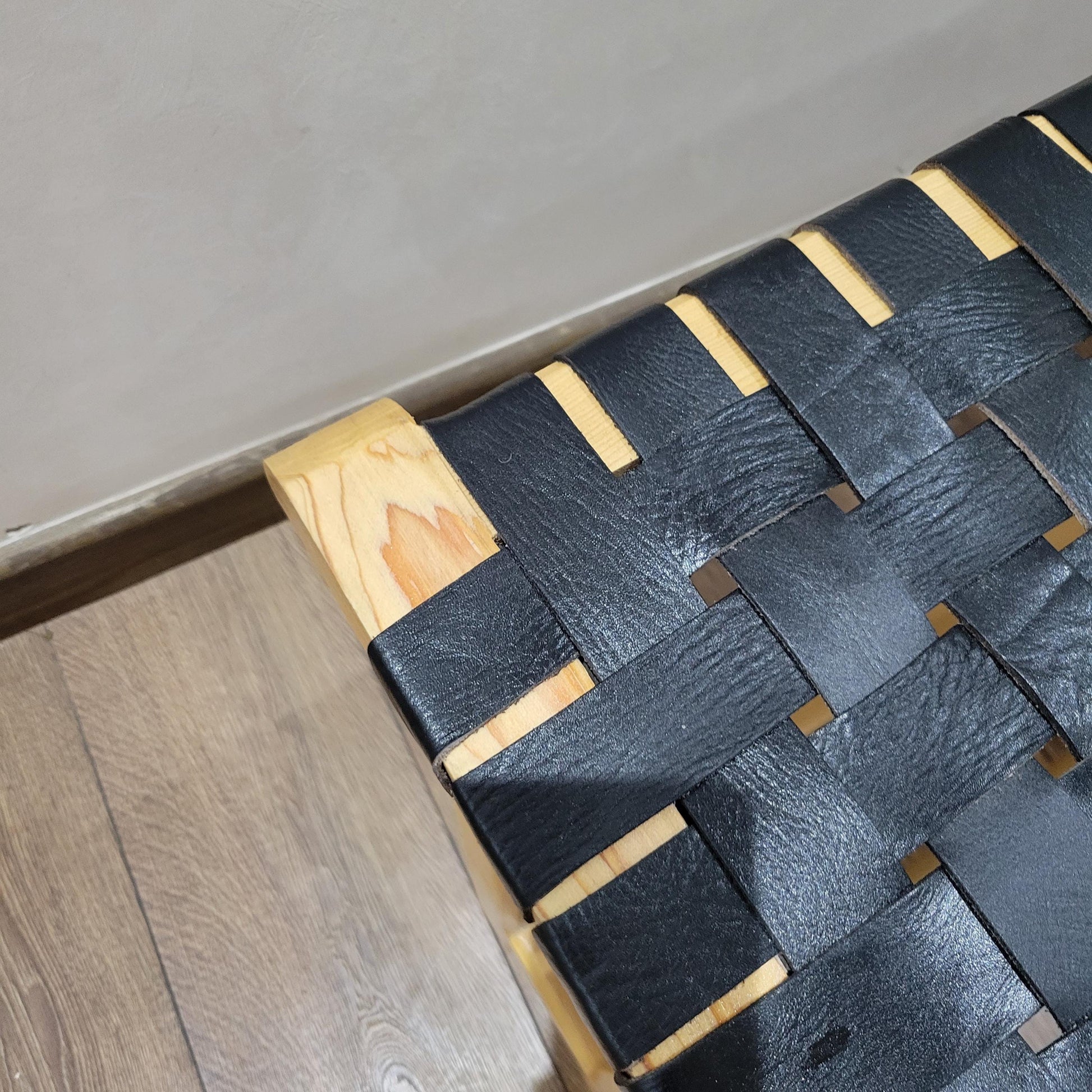 Woven Leather Bench — lifestyle scene in a US home