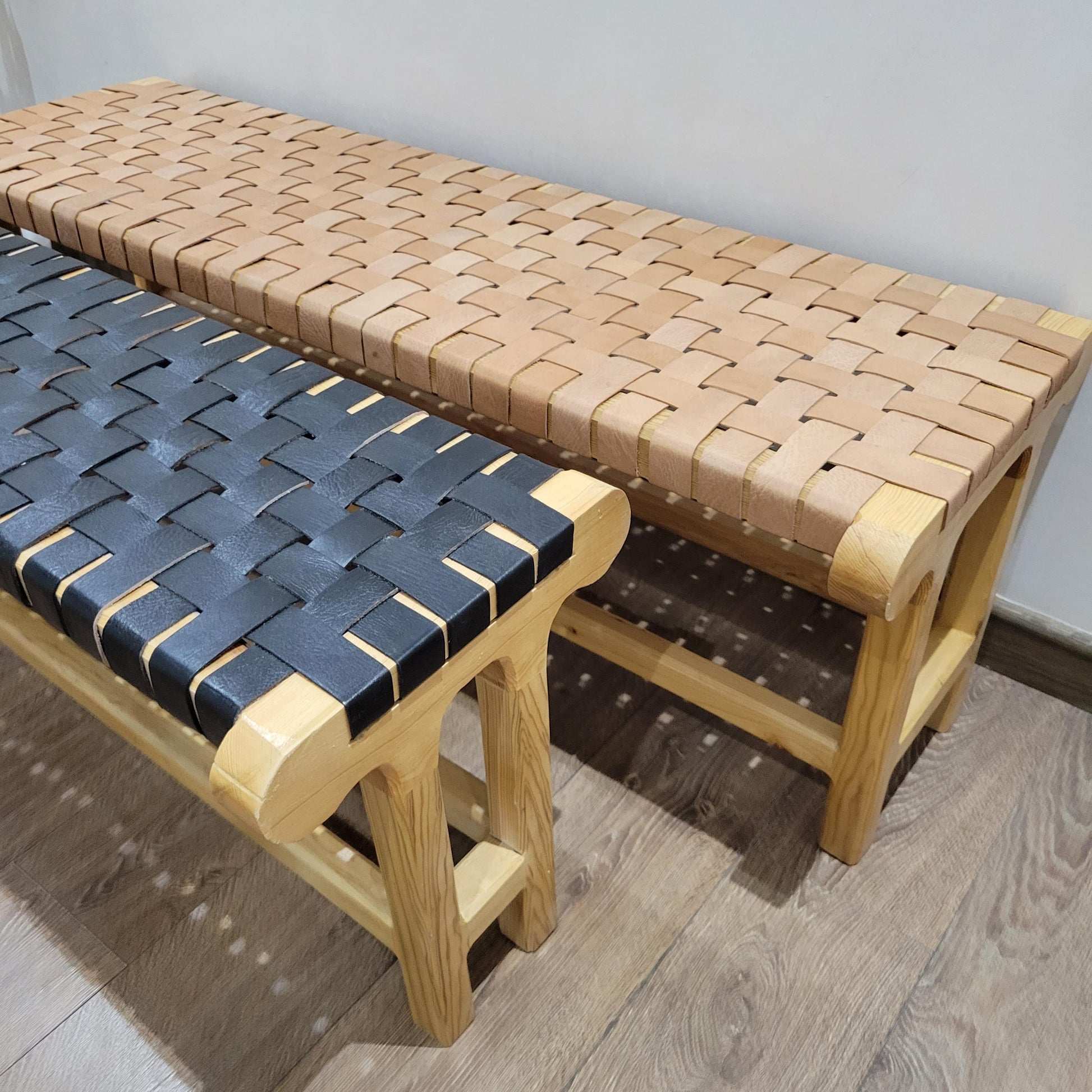 Woven Leather Bench — top view showing weave pattern