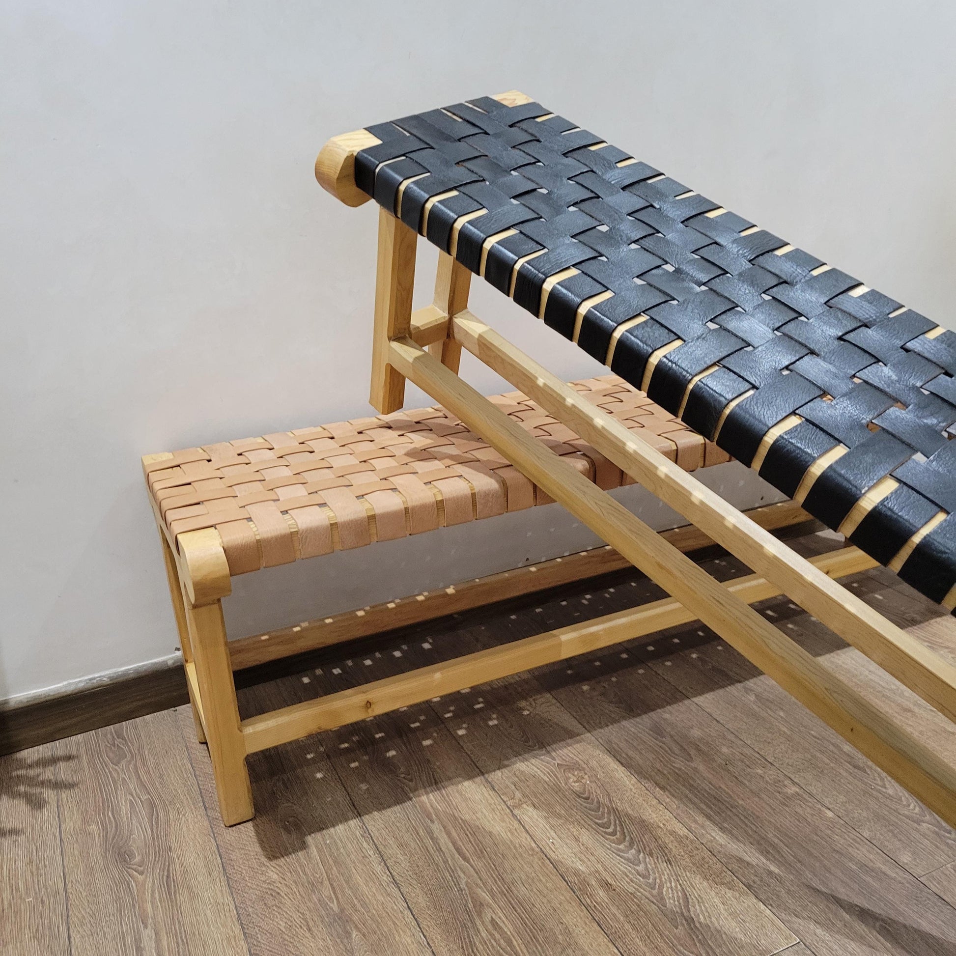 Woven Leather Bench — styled in a modern boho living room