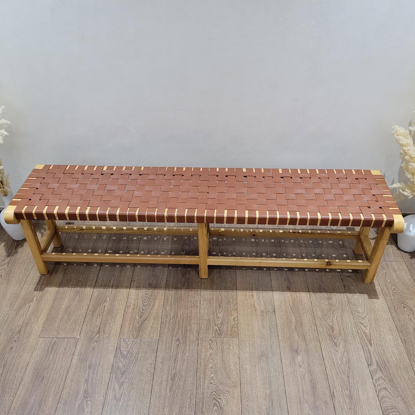 Woven Leather Bench — top view showing weave pattern