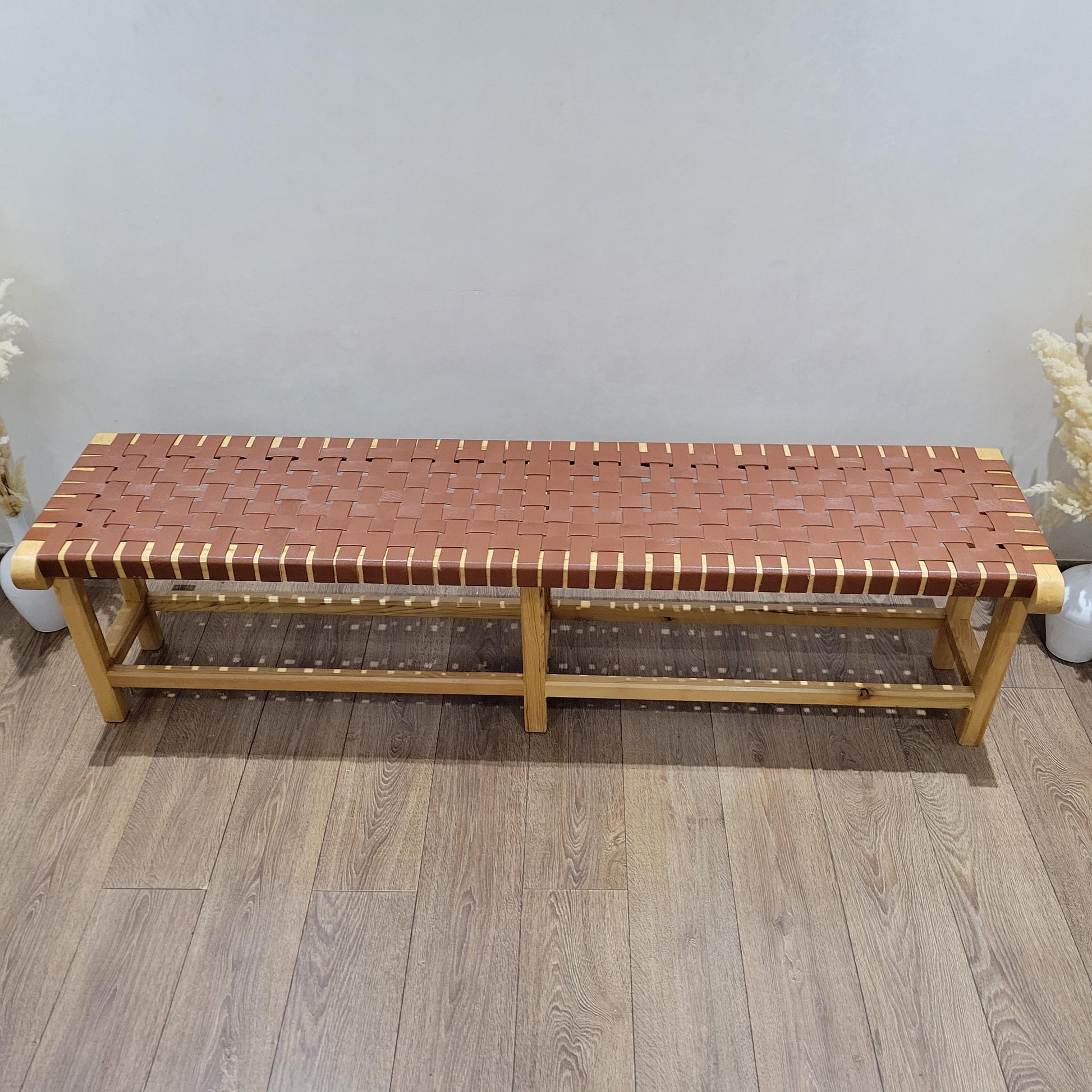 Woven Leather Bench — top view showing weave pattern