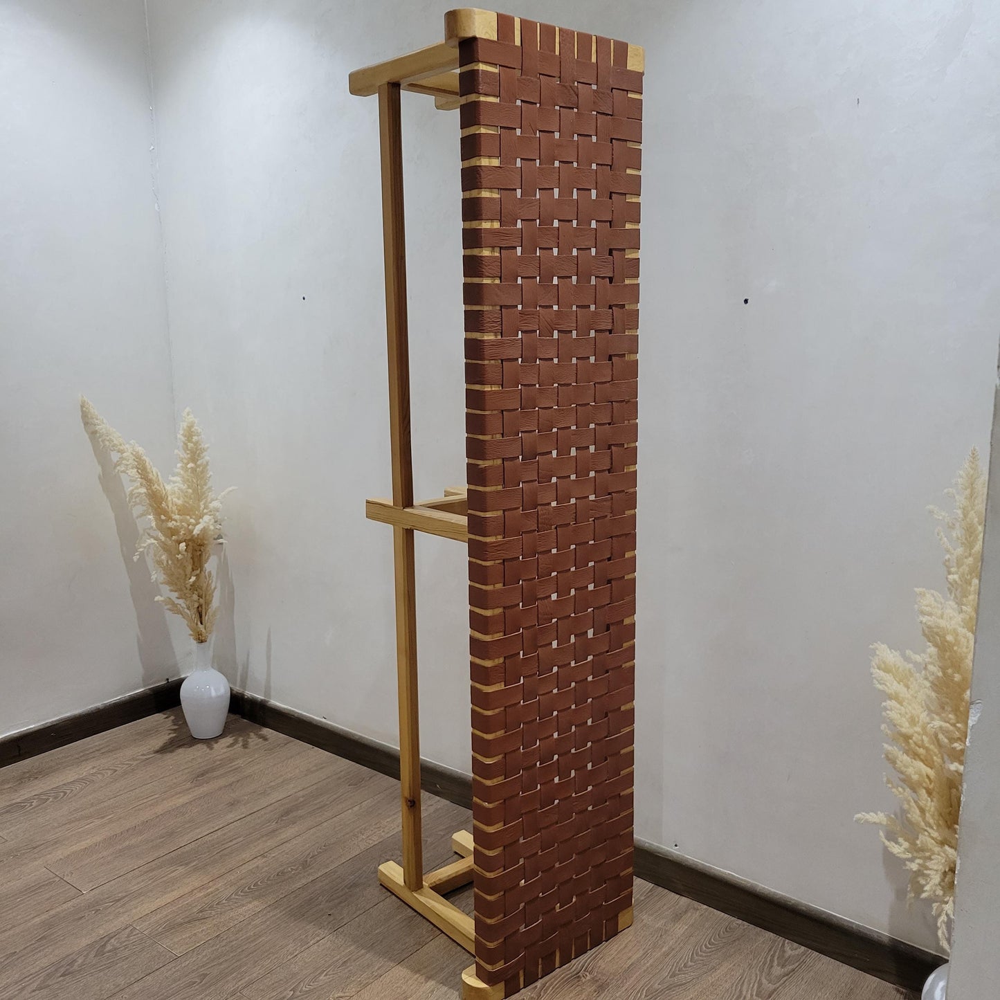Woven Leather Bench — three-quarter angle