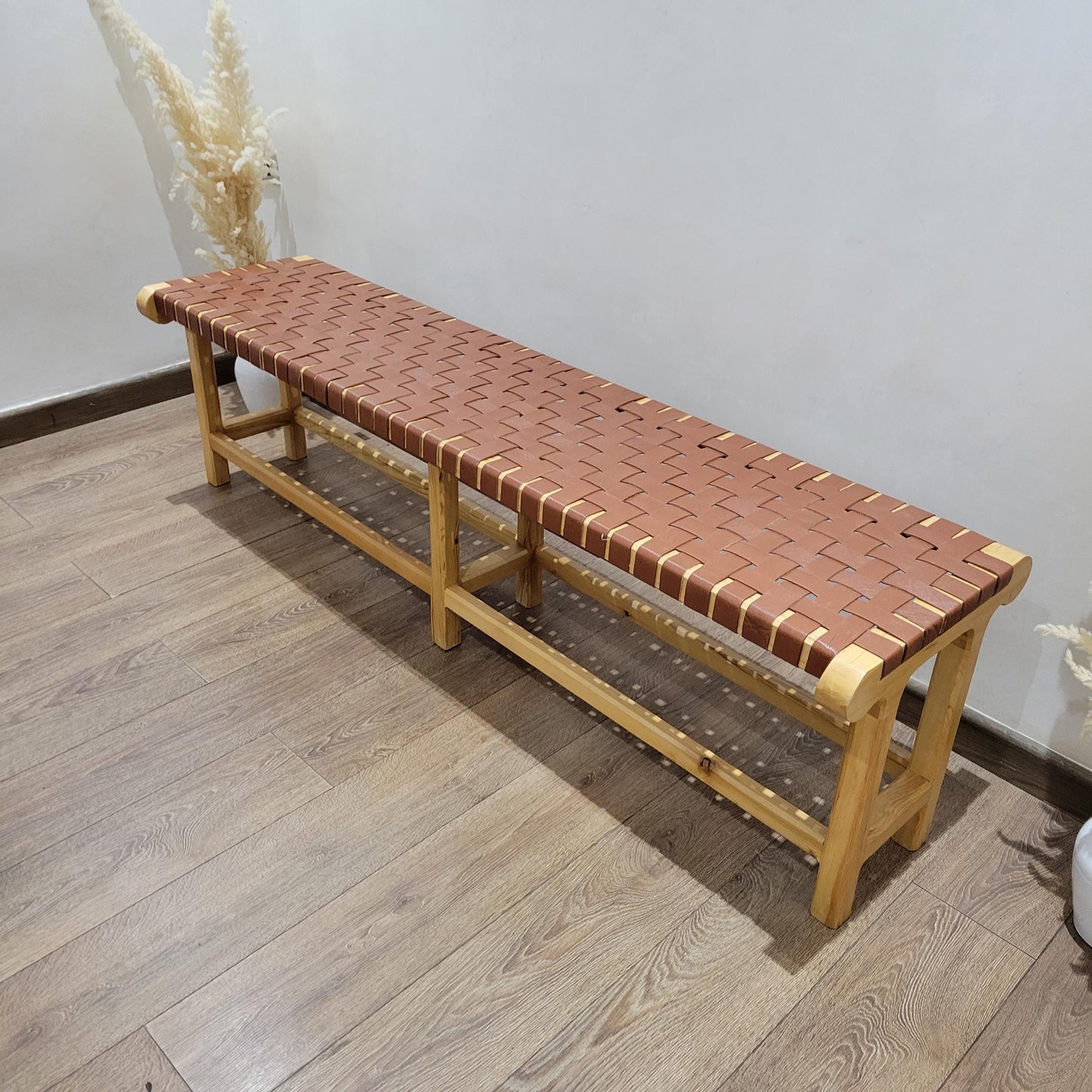 Handmade Woven Leather Bench — Rustic Bedroom Entryway