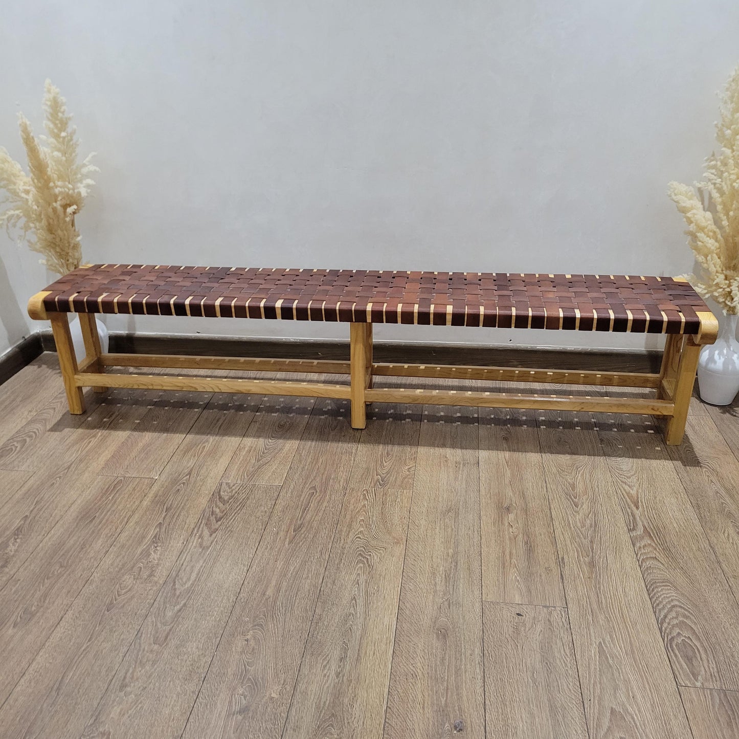 Woven Leather Bench — styled in a modern boho living room