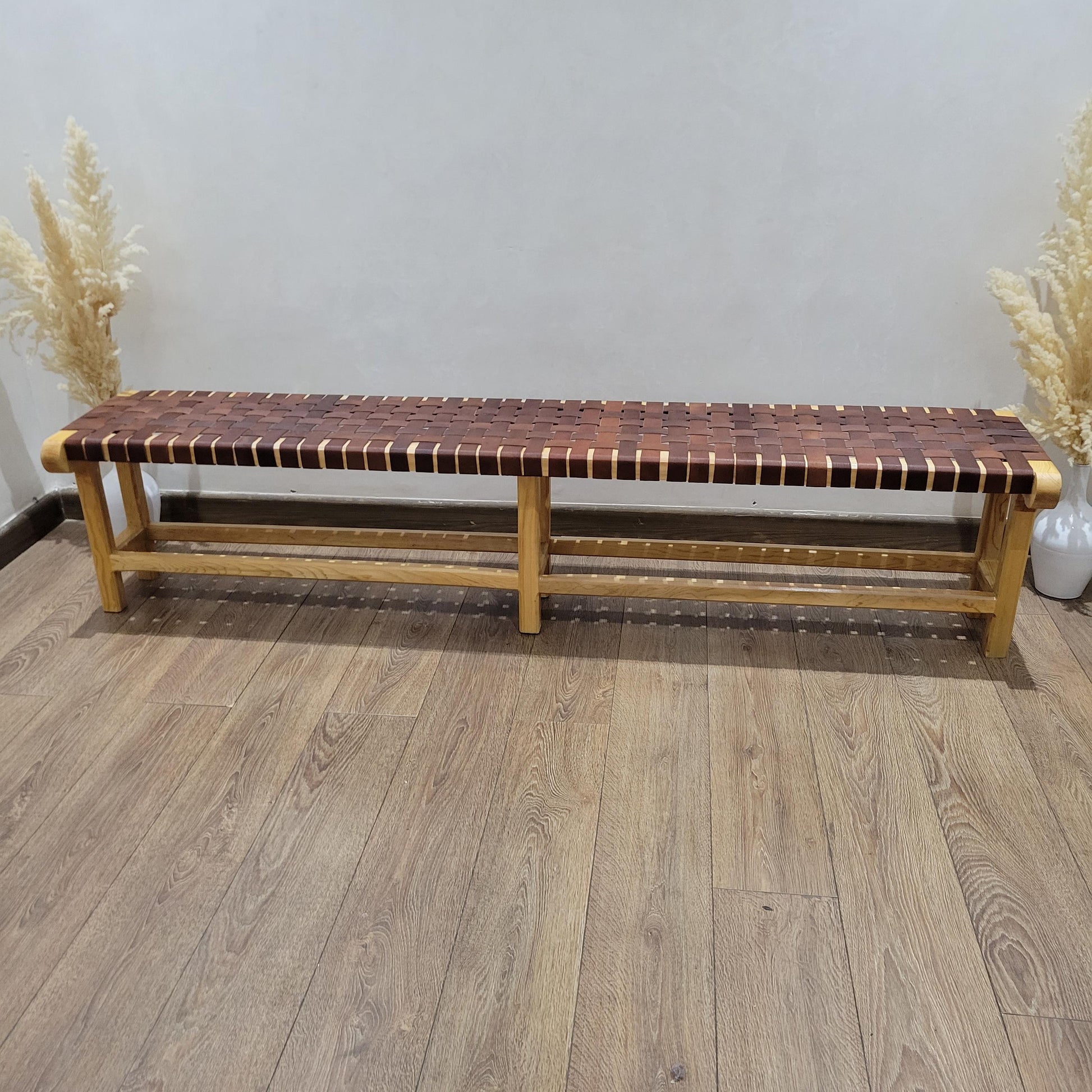 Woven Leather Bench — styled in a modern boho living room