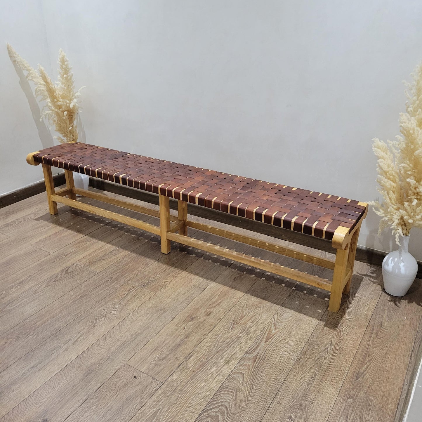 Woven Leather Bench — top view showing weave pattern