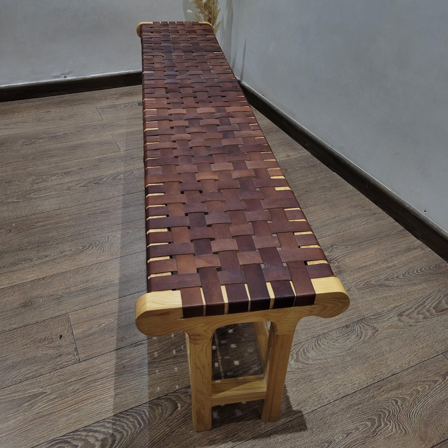 Woven Leather Bench — back view of leather construction