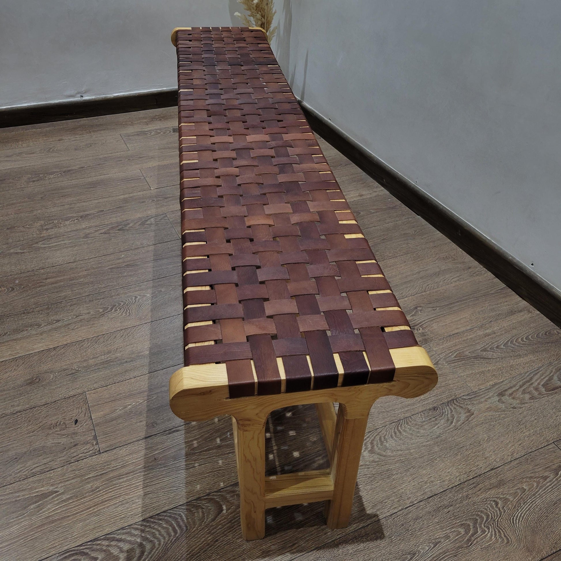 Woven Leather Bench — back view of leather construction