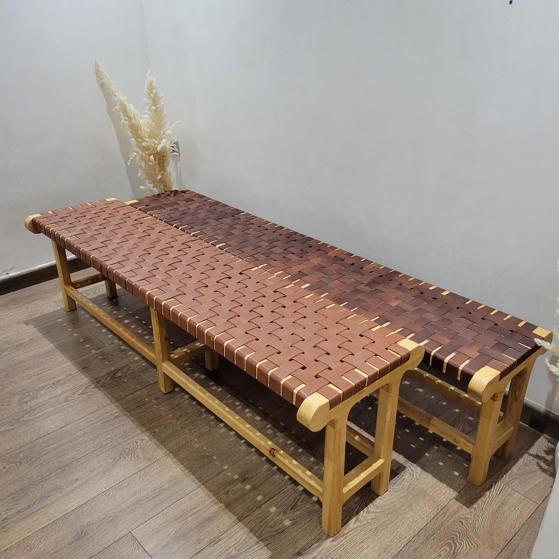 Modern Rustic Woven Leather Bench — Solid Wood Entryway