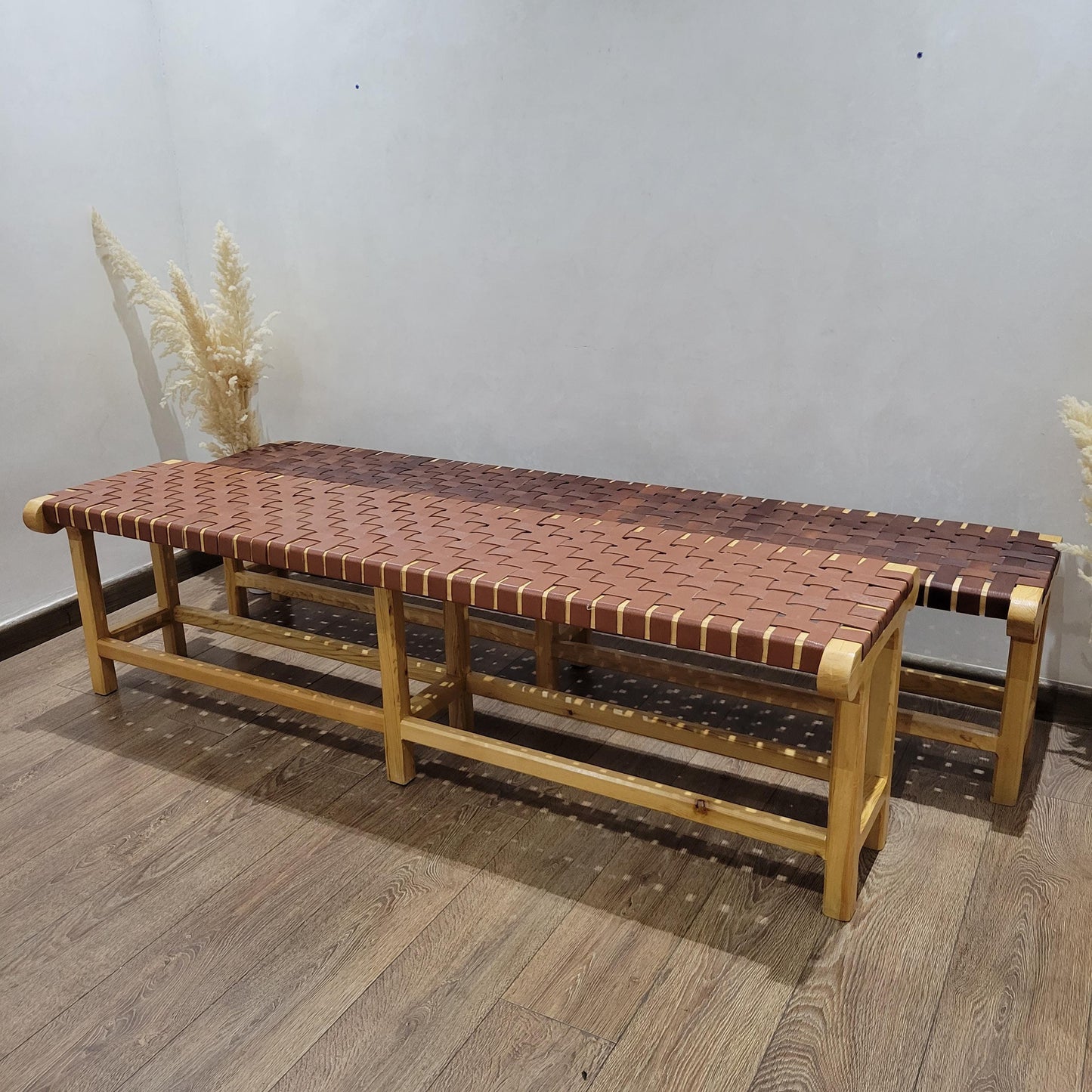 Woven Leather Bench — top view showing weave pattern