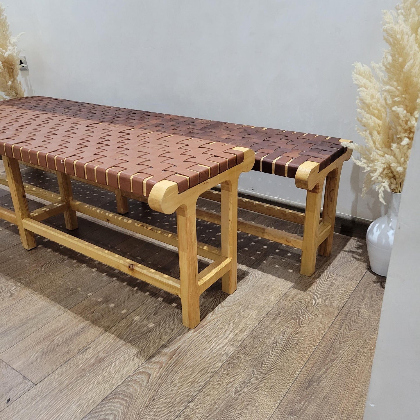 Woven Leather Bench — styled in a modern boho living room