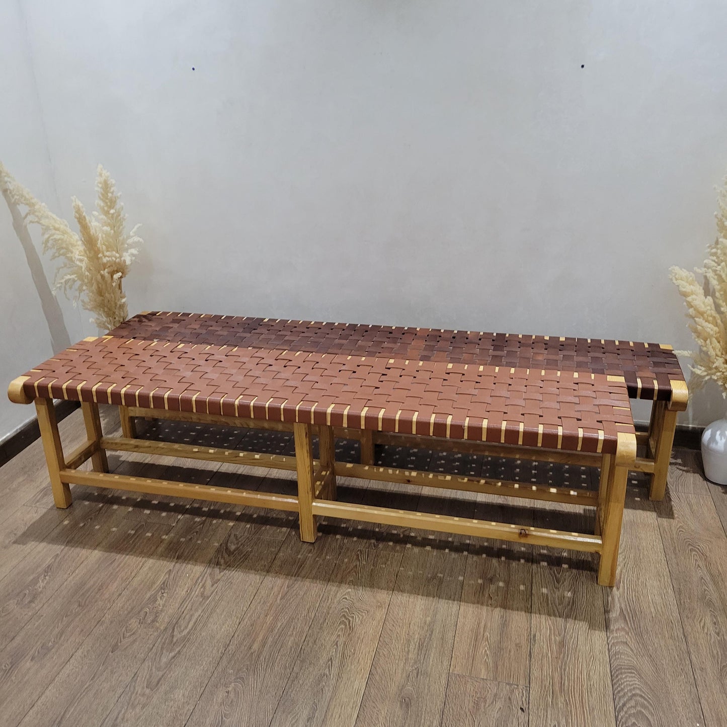 Woven Leather Bench — lifestyle scene in a US home