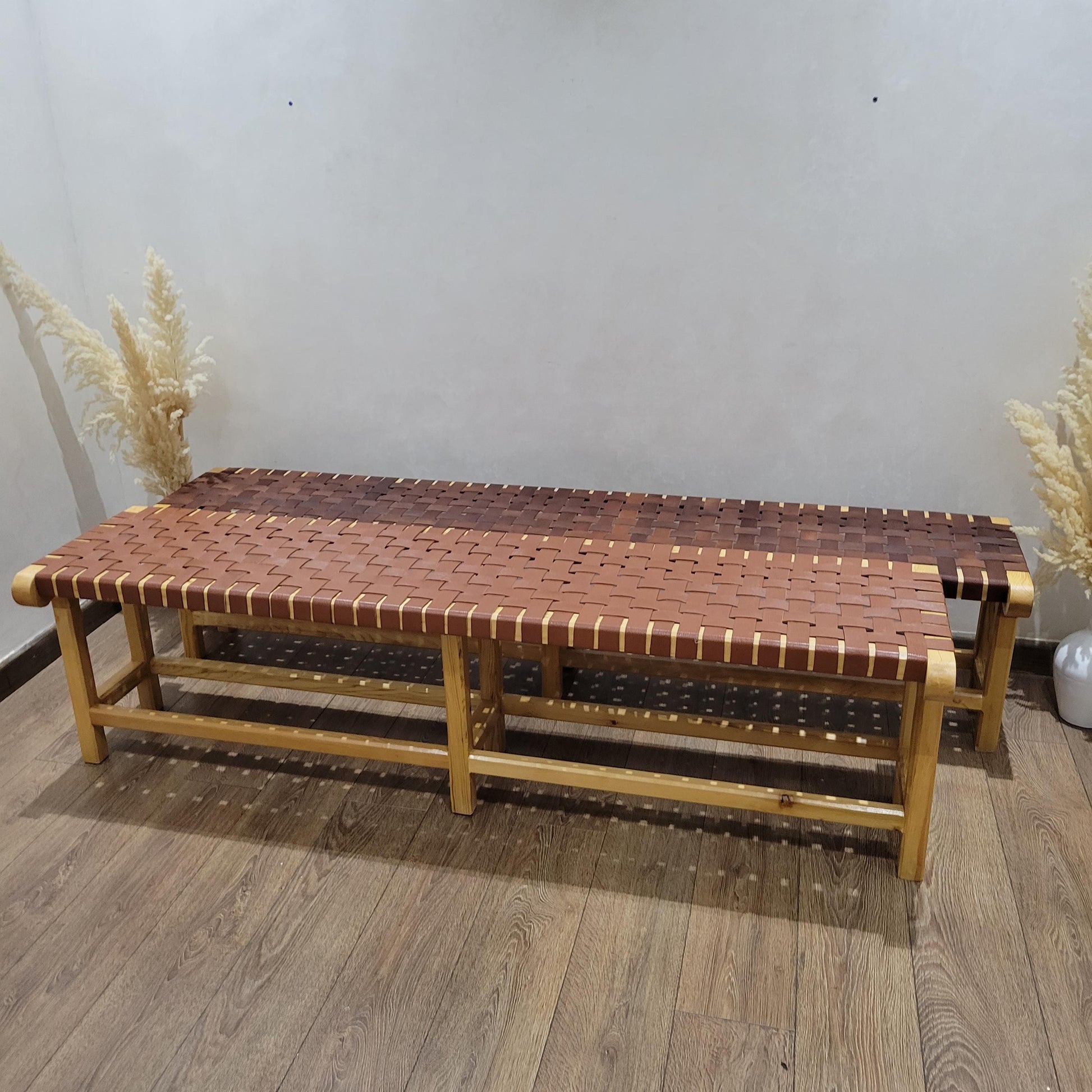 Woven Leather Bench — lifestyle scene in a US home